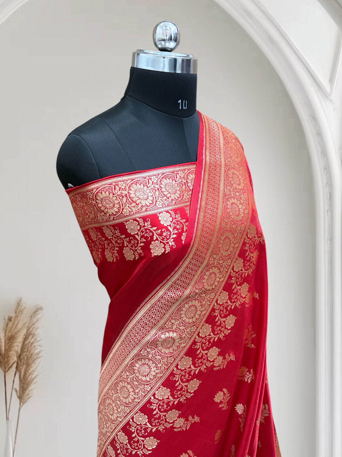 Red with Golden Zari Work and Rose Buti Design Satin Silk Banarasi Saree - Zohra Silk