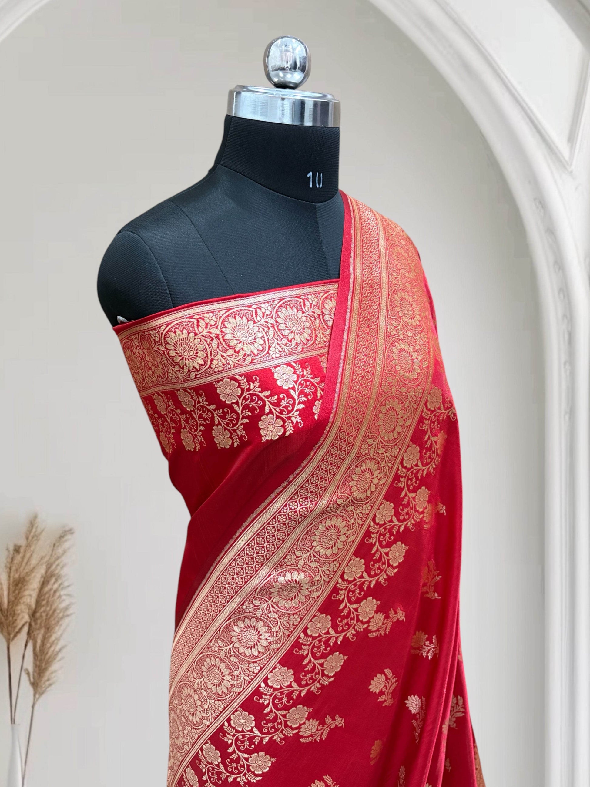 Red with Golden Zari Work and Rose Buti Design Satin Silk Banarasi Saree - Zohra Silk