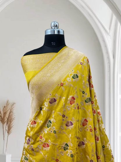 Yellow Multi Colour Meena Pure Kataan Silk Banarasi Saree - Zohra Silk