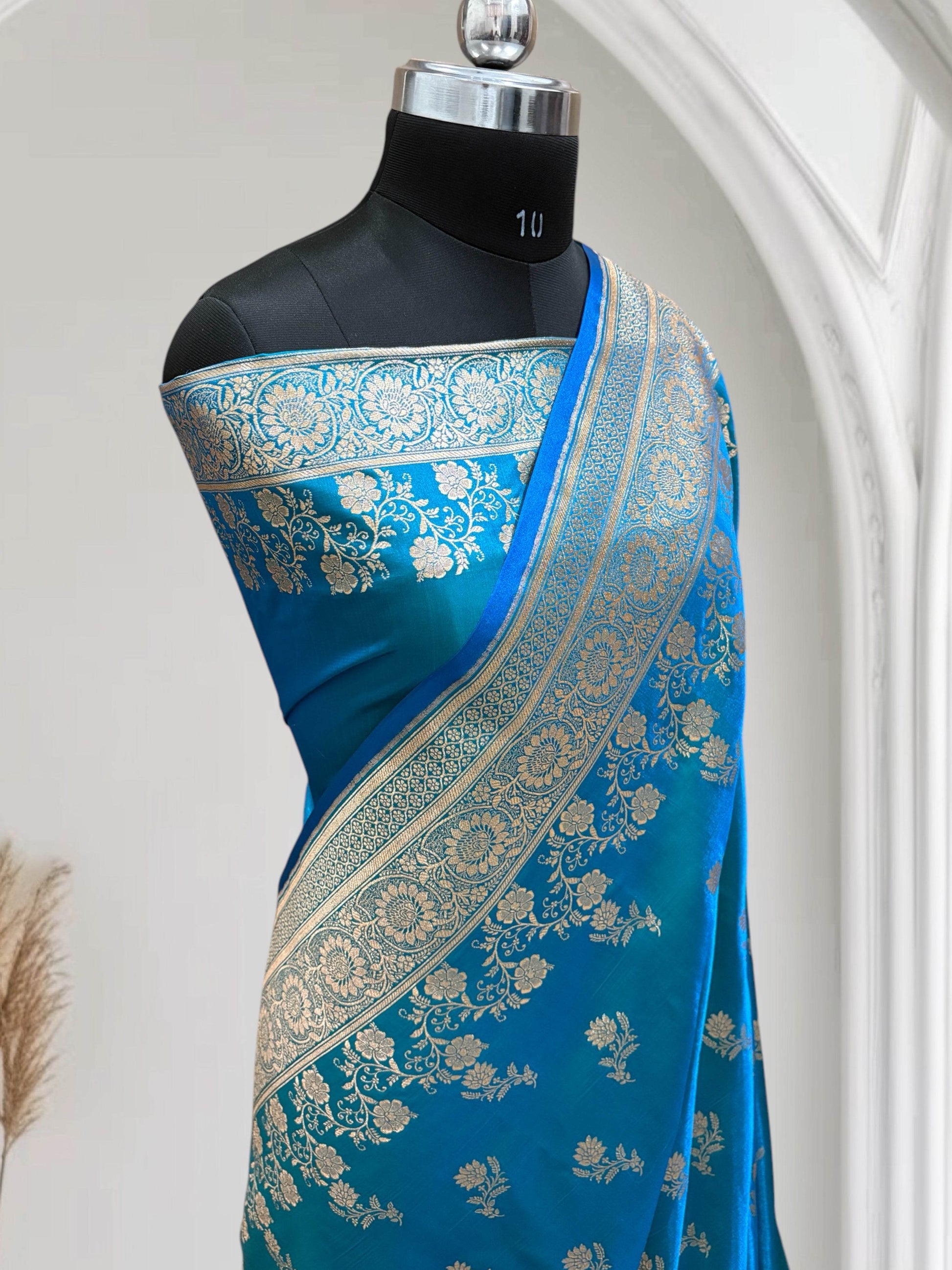 Firoza with Golden Zari Work and Rose Buti Design Satin Silk Banarasi Saree - Zohra Silk