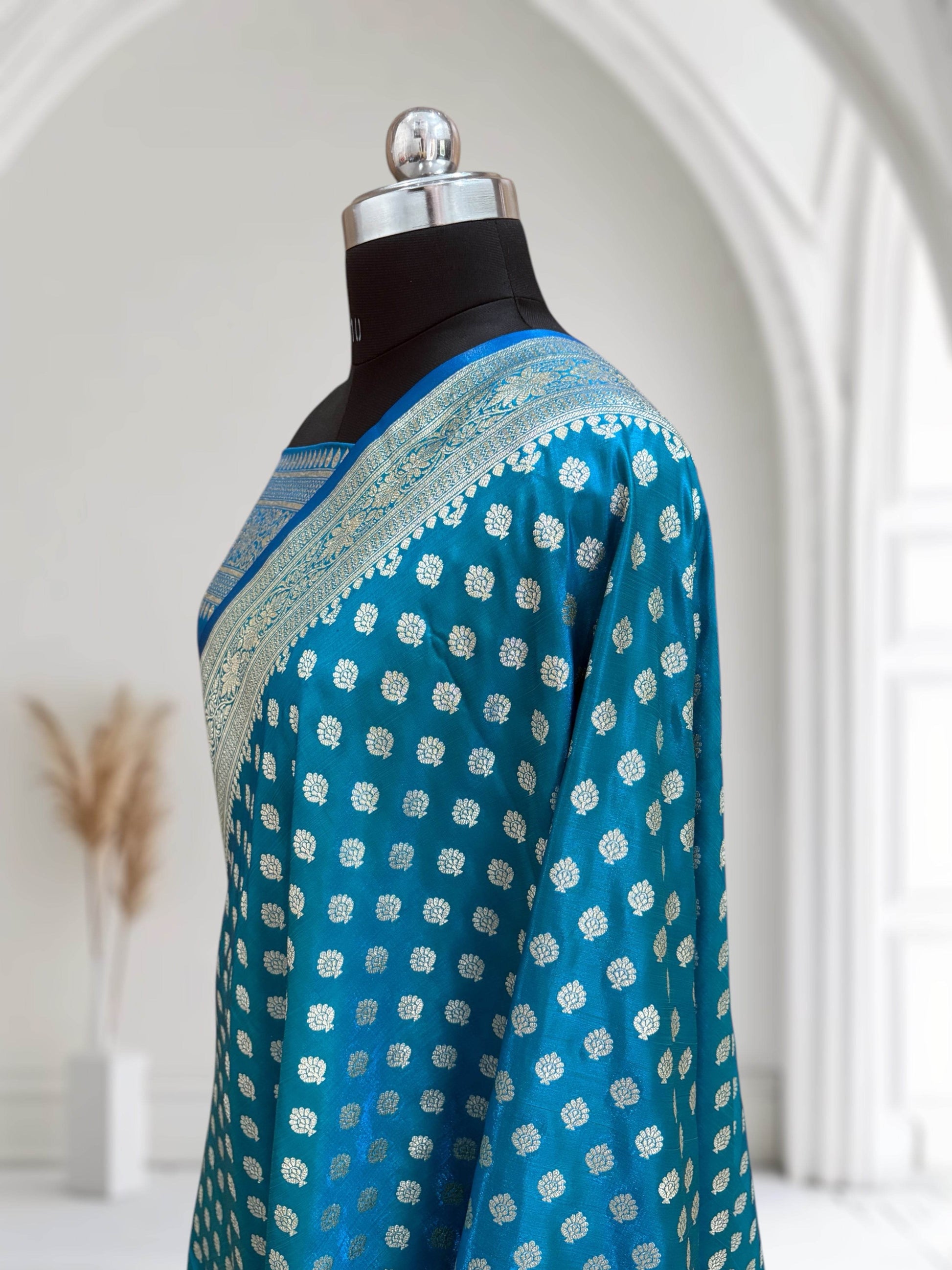 Blue-Green Buti Satin Silk Saree - Zohra Silk