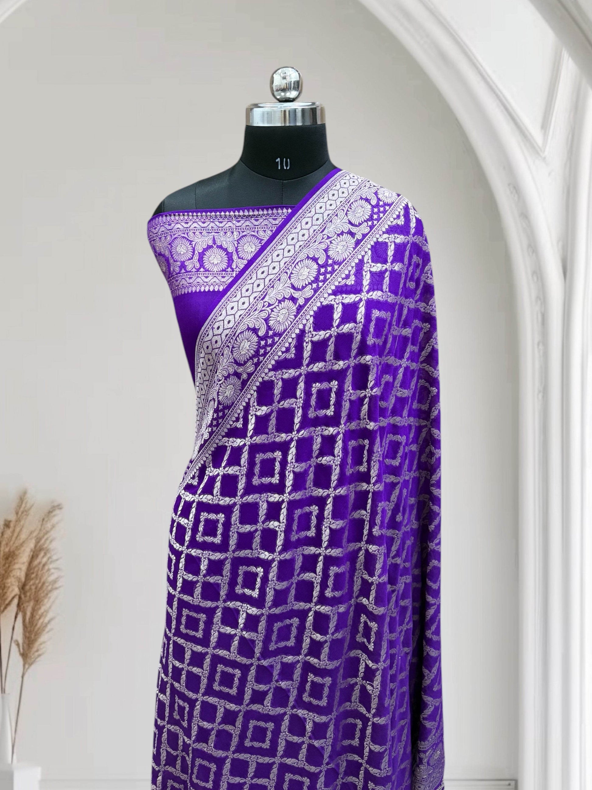 Blue-Magenta Violet Light Golden Zari Work Chiffon Pure Silk Banarasi Saree - Zohra Silk