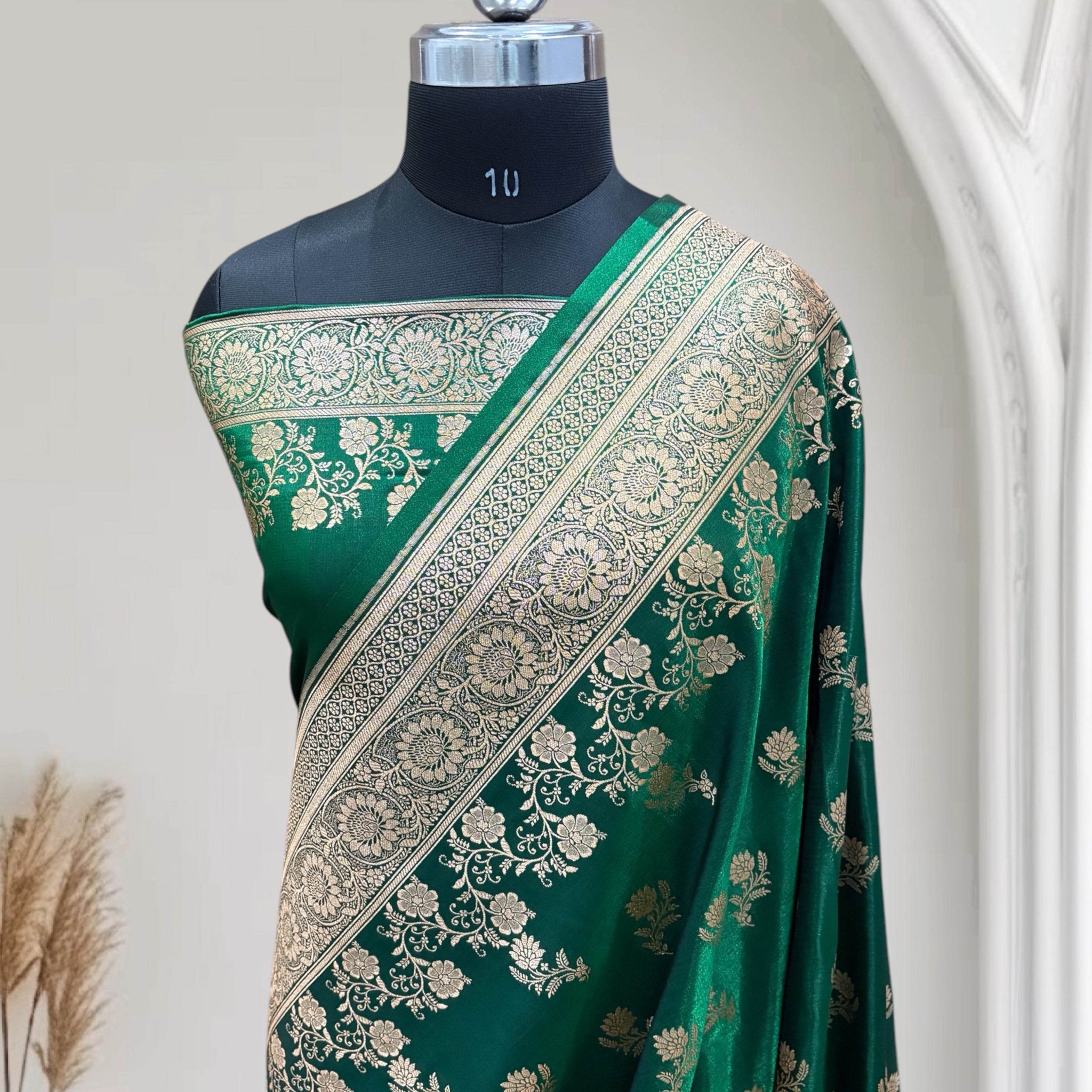 Green with Golden Zari Work and Rose Buti Design Satin Silk Banarasi Saree - Zohra Silk