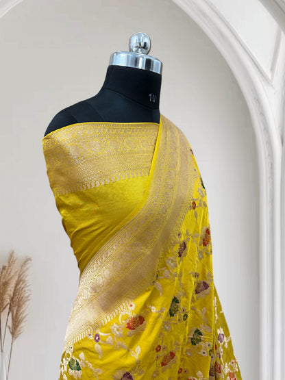 Yellow Multi Colour Meena Pure Kataan Silk Banarasi Saree - Zohra Silk