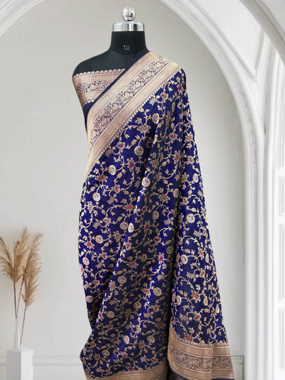 Blue Unique Jaal Pure Kataan Silk Banarasi Saree - Zohra Silk
