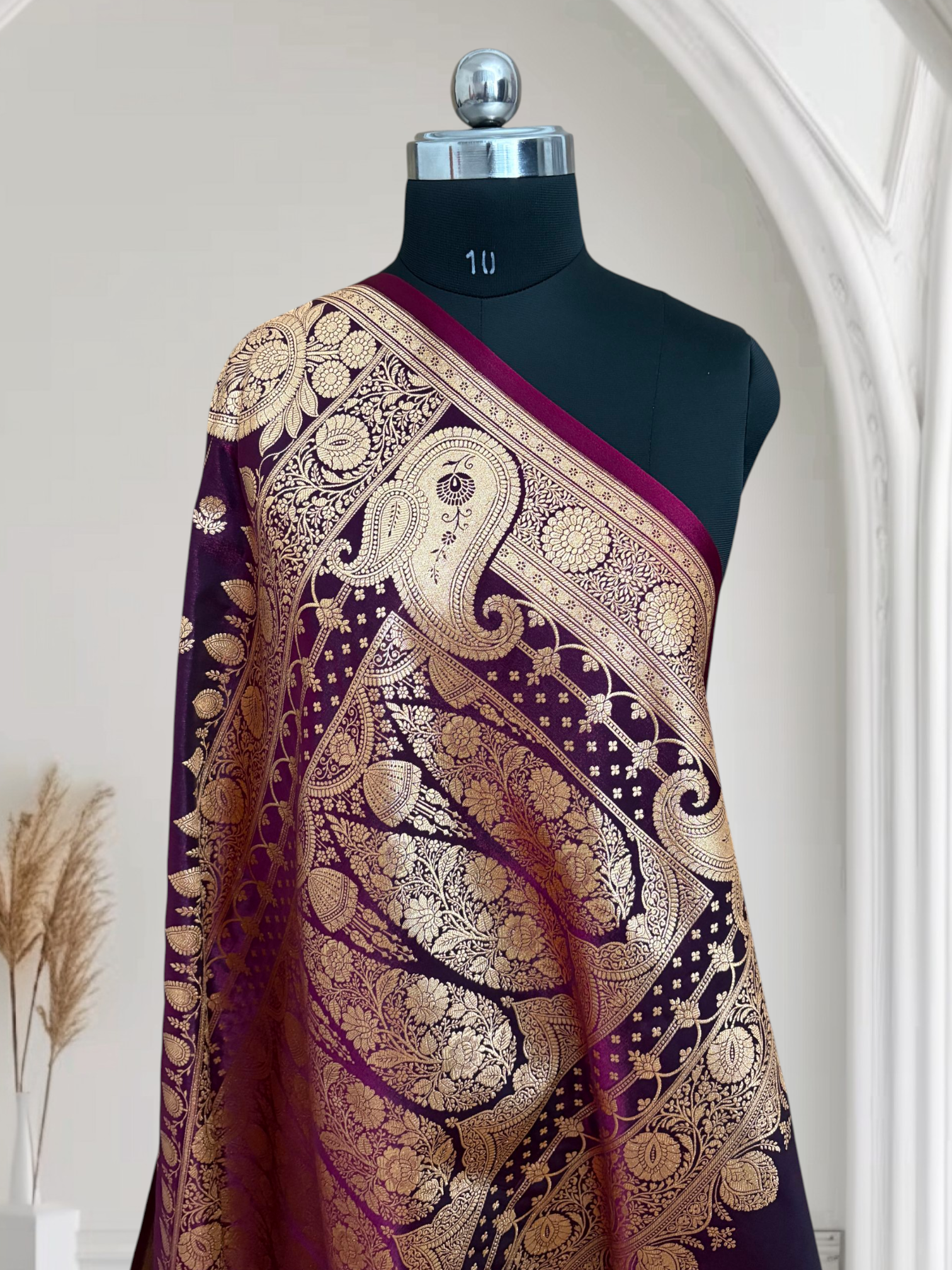 Magenta Araa Jaal Satin Silk Banarasi saree