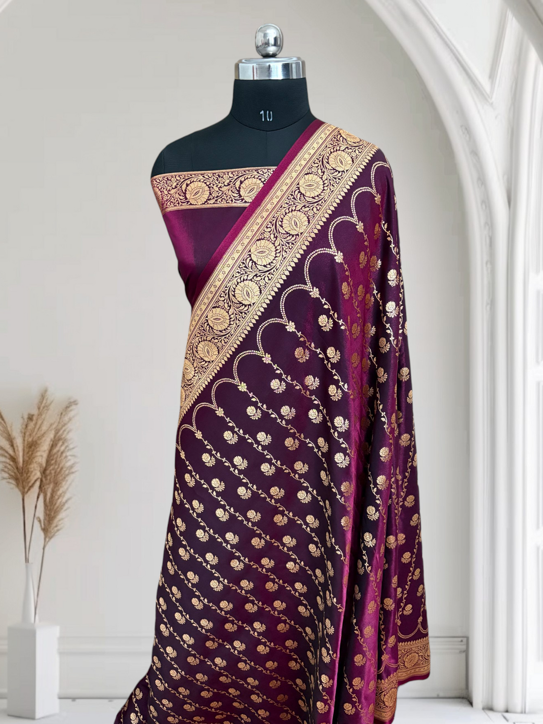Magenta Araa Jaal Satin Silk Banarasi saree