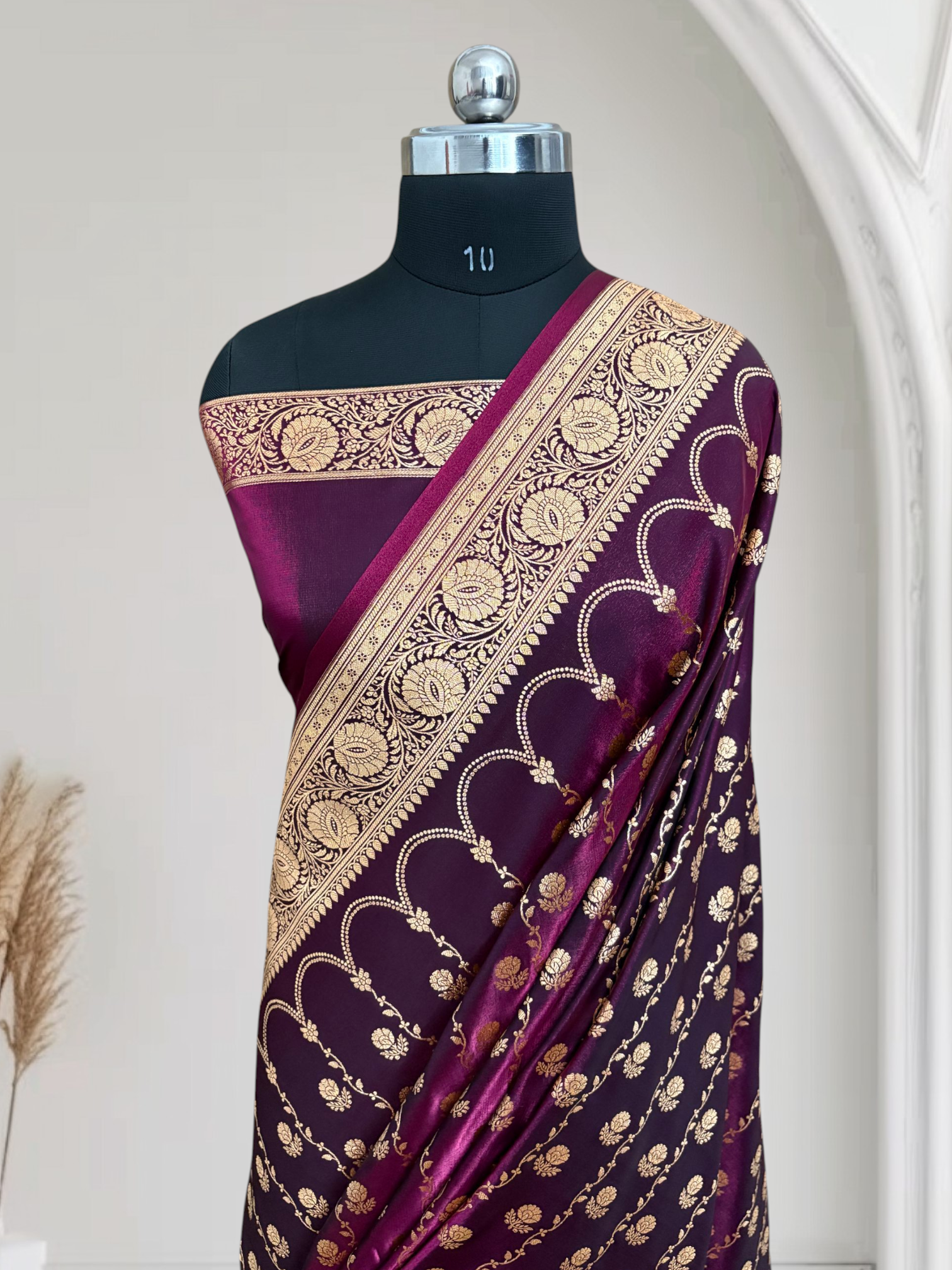 Magenta Araa Jaal Satin Silk Banarasi saree