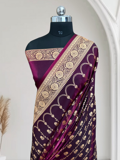 Magenta Araa Jaal Satin Silk Banarasi saree
