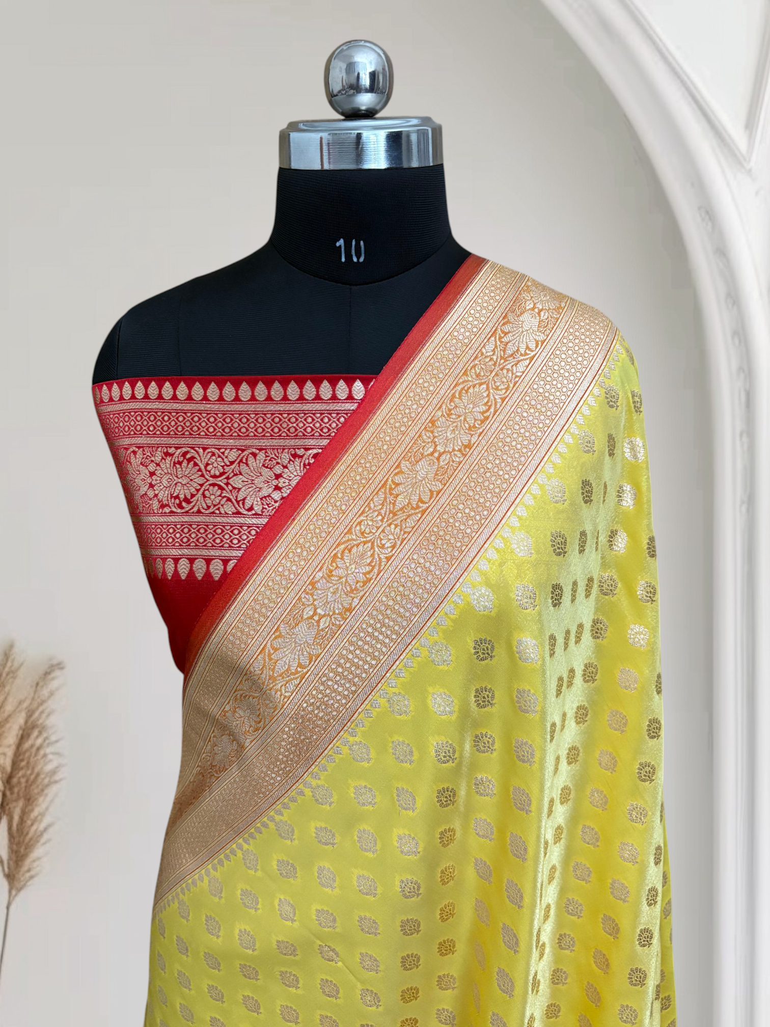 Lemon & Red Dual Colour Satin Silk Banarasi Saree in Buti Design