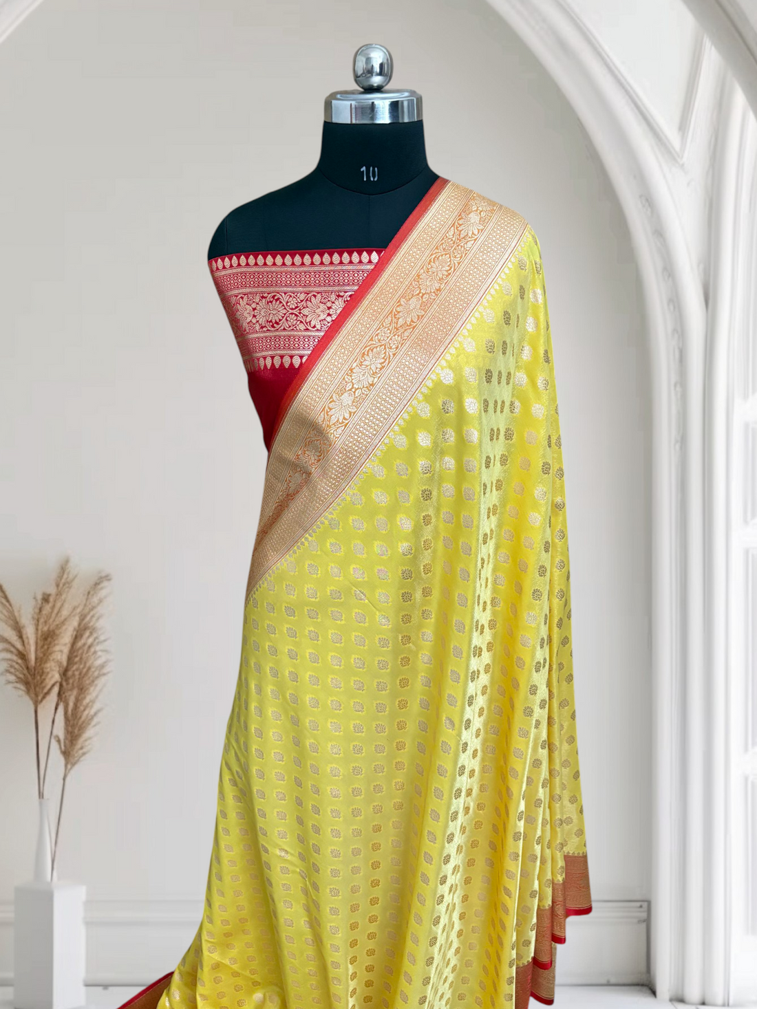 Lemon & Red Dual Colour Satin Silk Banarasi Saree in Buti Design