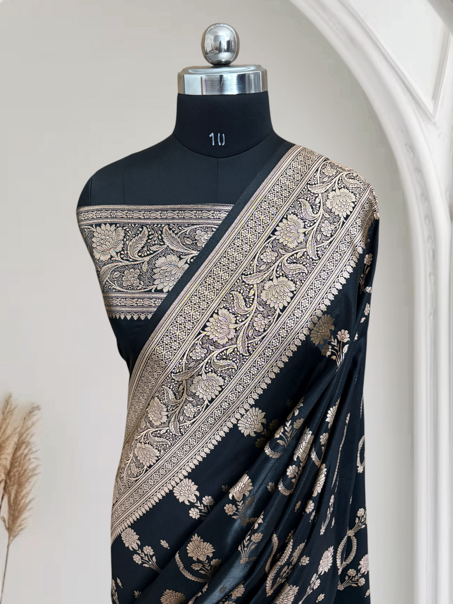Black Satin Silk Banarasi Saree – Tircha Jaal Pattern