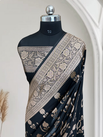 Black Satin Silk Banarasi Saree – Tircha Jaal Pattern