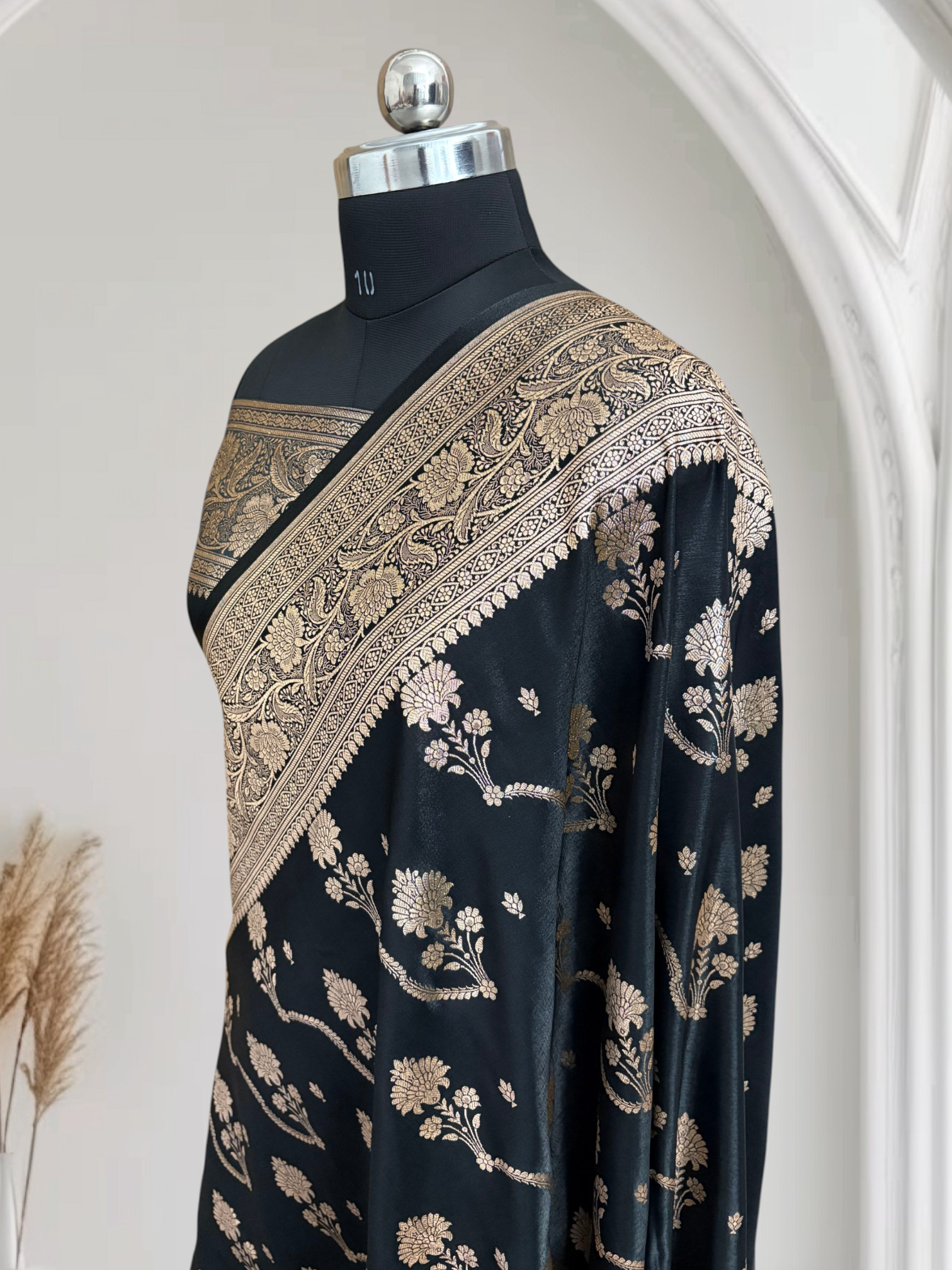 Black Satin Silk Banarasi Saree – Tircha Jaal Pattern