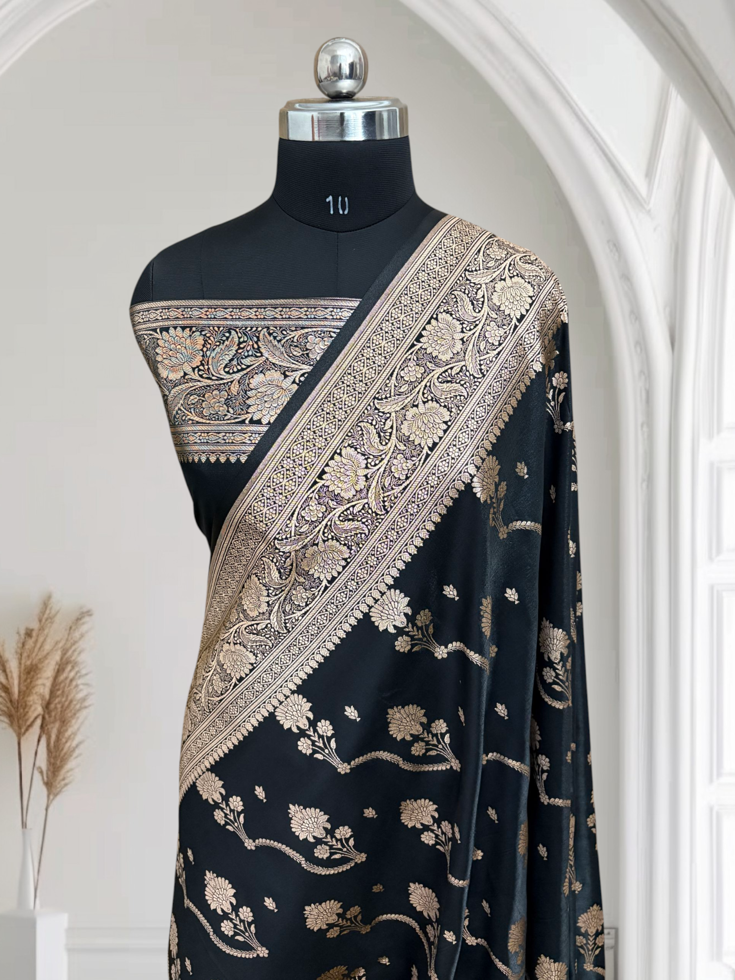 Black Satin Silk Banarasi Saree – Tircha Jaal Pattern