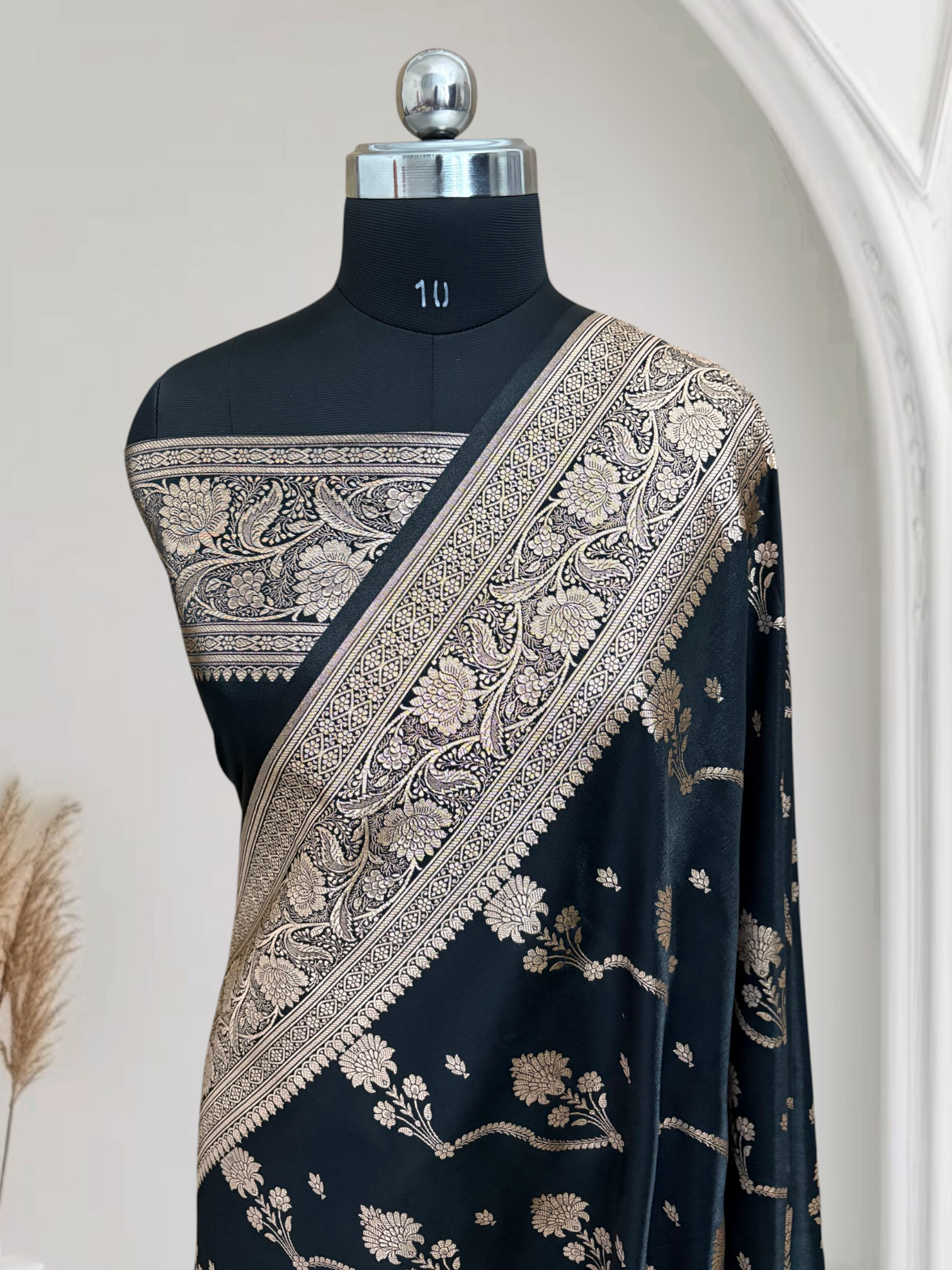Black Satin Silk Banarasi Saree – Tircha Jaal Pattern