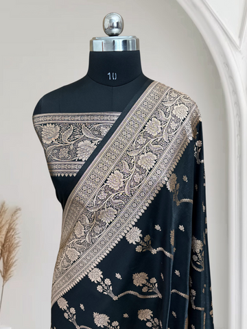 Black Satin Silk Banarasi Saree – Tircha Jaal Pattern