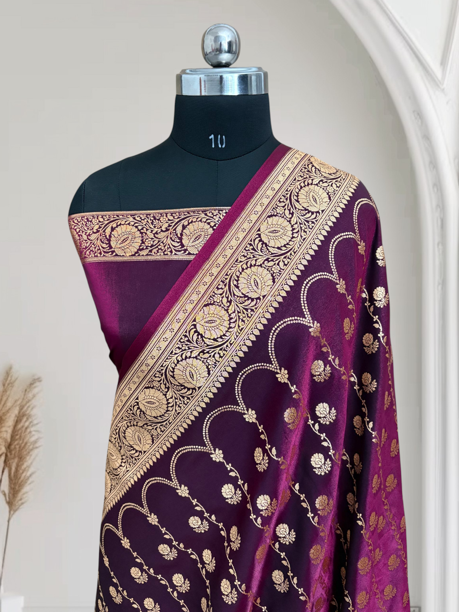 Magenta Araa Jaal Satin Silk Banarasi saree
