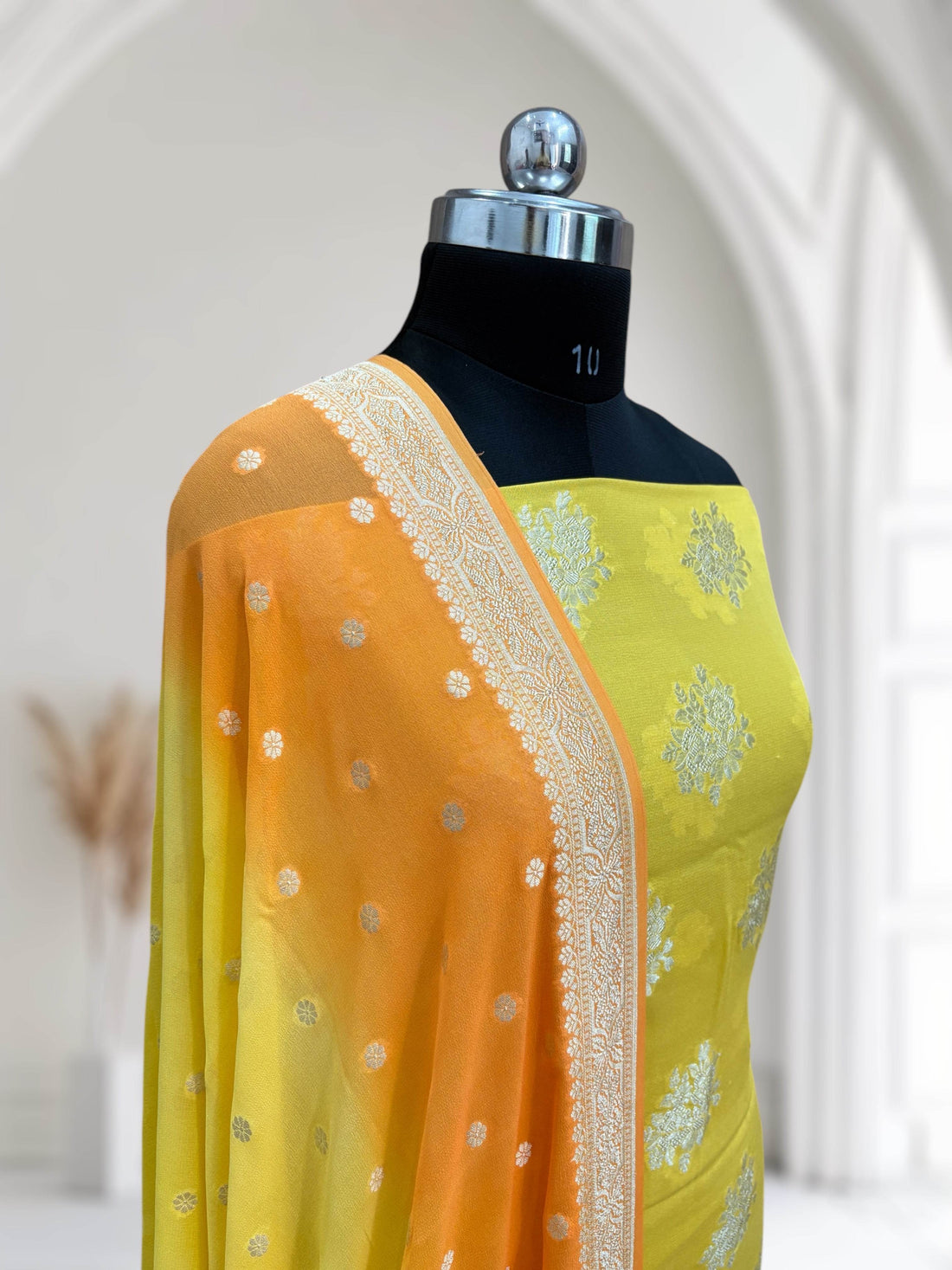 Yellow & Orange-Yellow Pure Chiffon Georgette Banarasi Suit - Zohra Silk