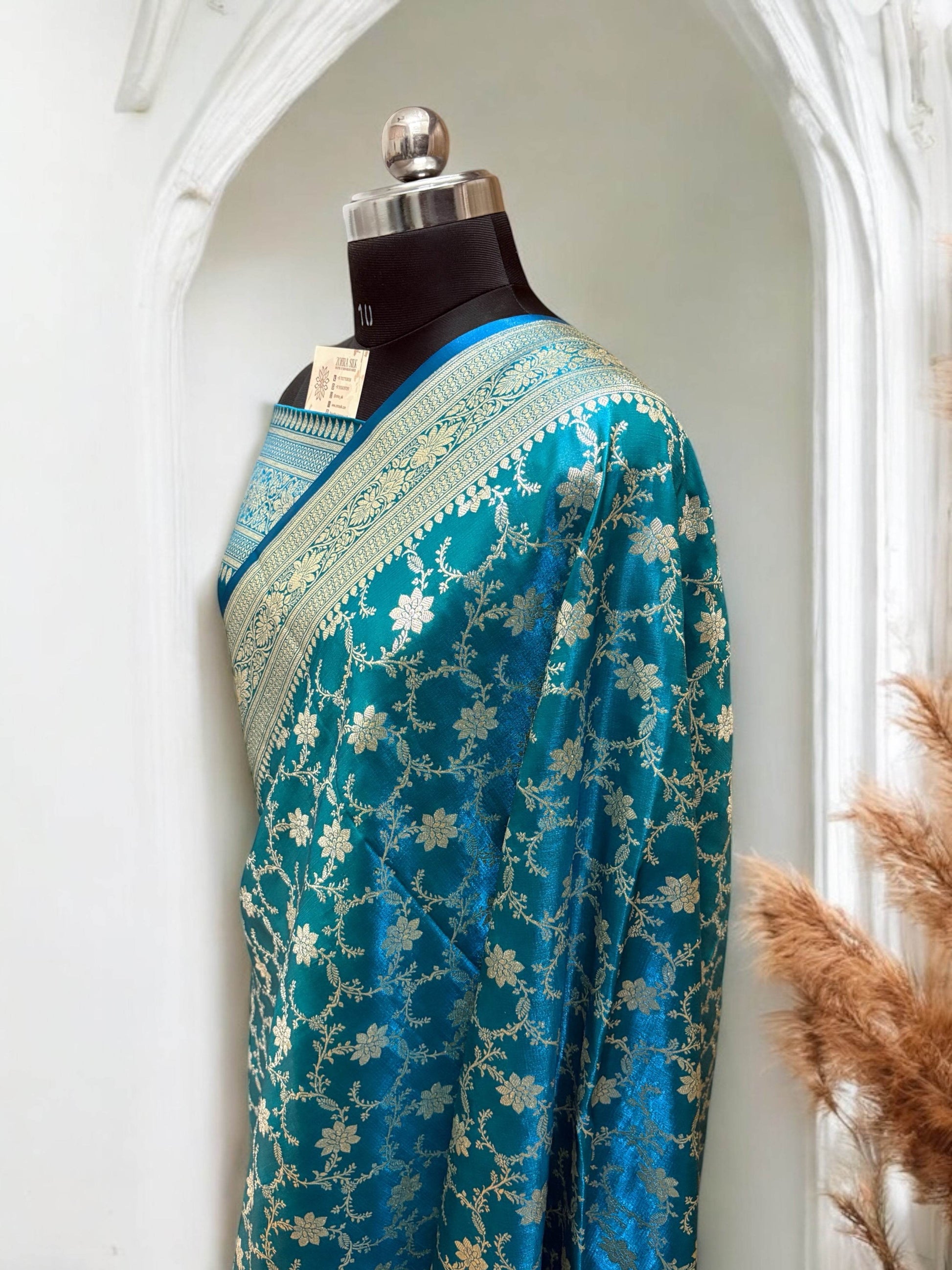Blue-Green Jaal Pattern Satin Silk - Zohra Silk