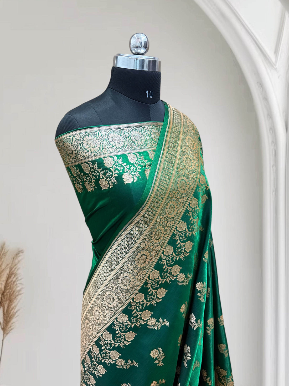 Green with Golden Zari Work and Rose Buti Design Satin Silk Banarasi Saree - Zohra Silk