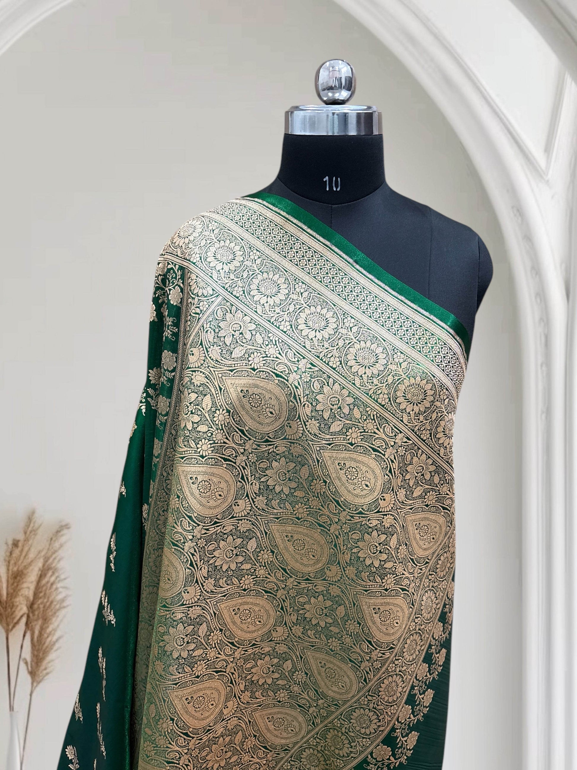 Green with Golden Zari Work and Rose Buti Design Satin Silk Banarasi Saree - Zohra Silk
