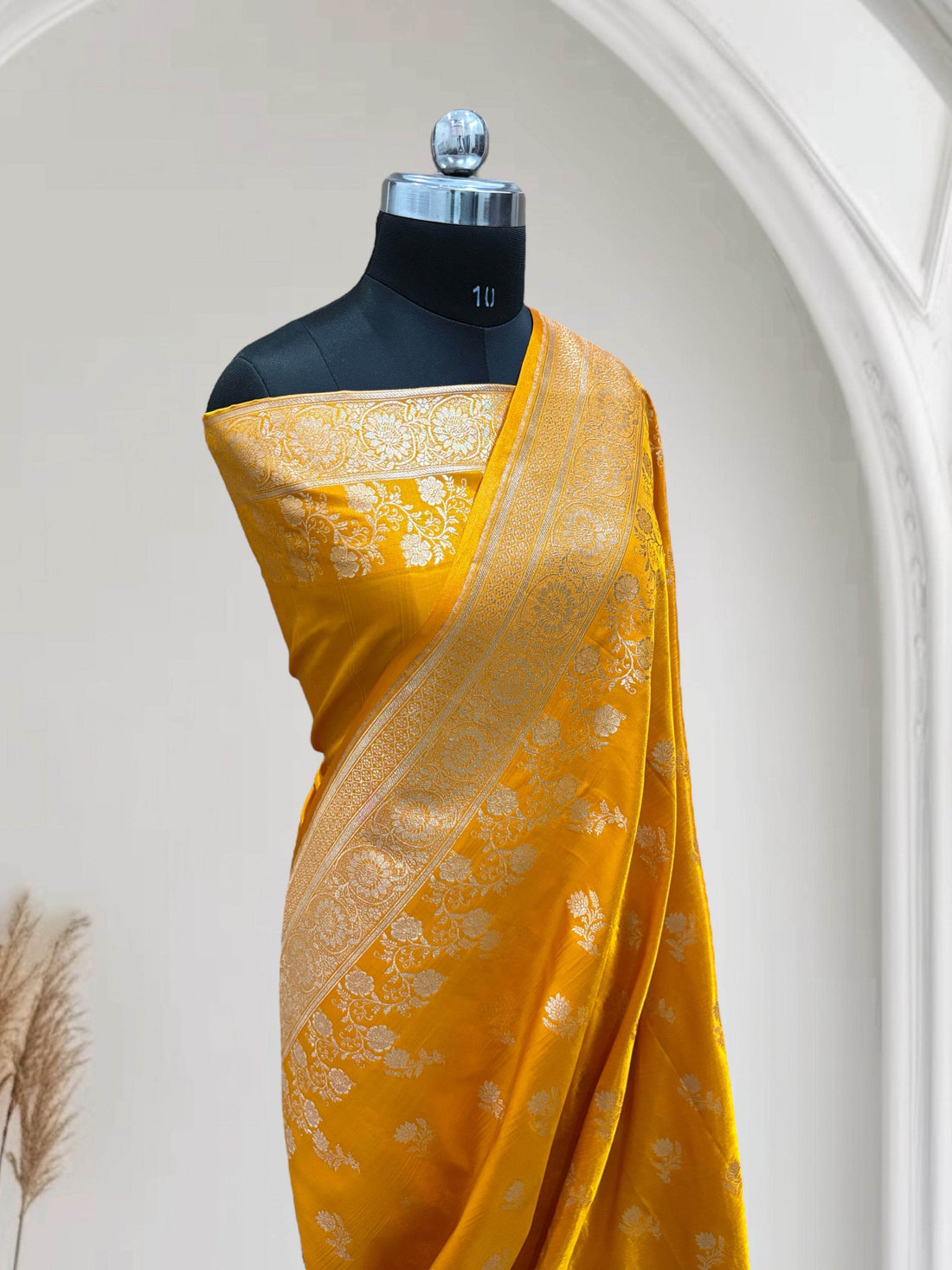 Haldi with Golden Zari Work and Rose Buti Design Satin Silk Banarasi Saree - Zohra Silk