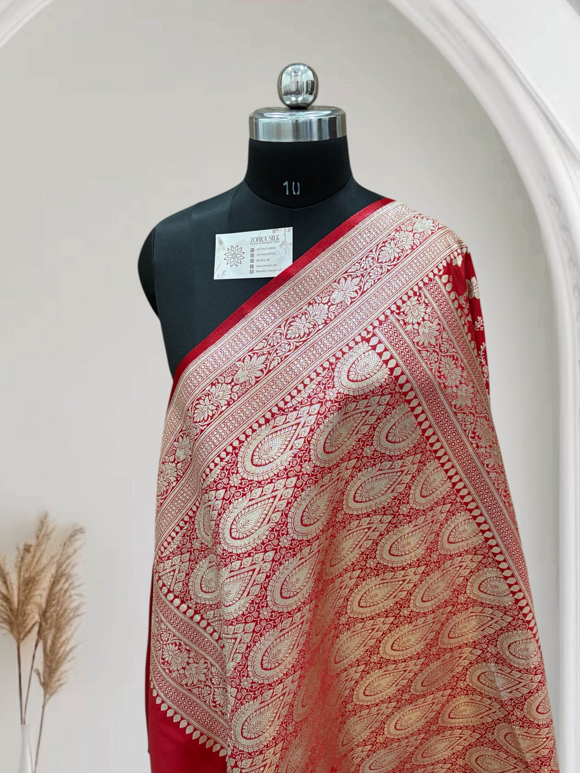 Satin Silk Banarasi Saree in Red - Zohra Silk
