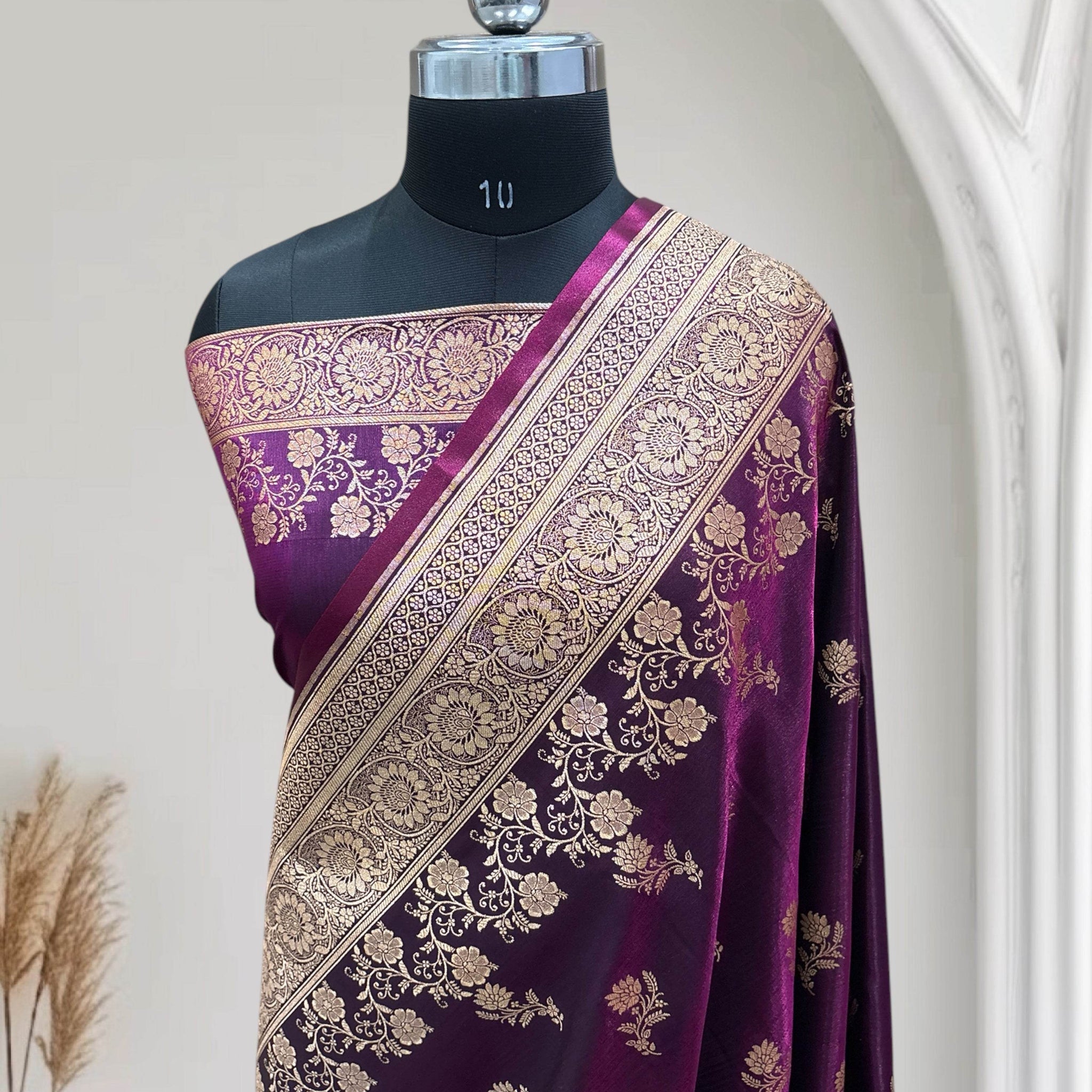 Magenta with Golden Zari Work and Rose Buti Design Satin Silk Banarasi Saree - Zohra Silk