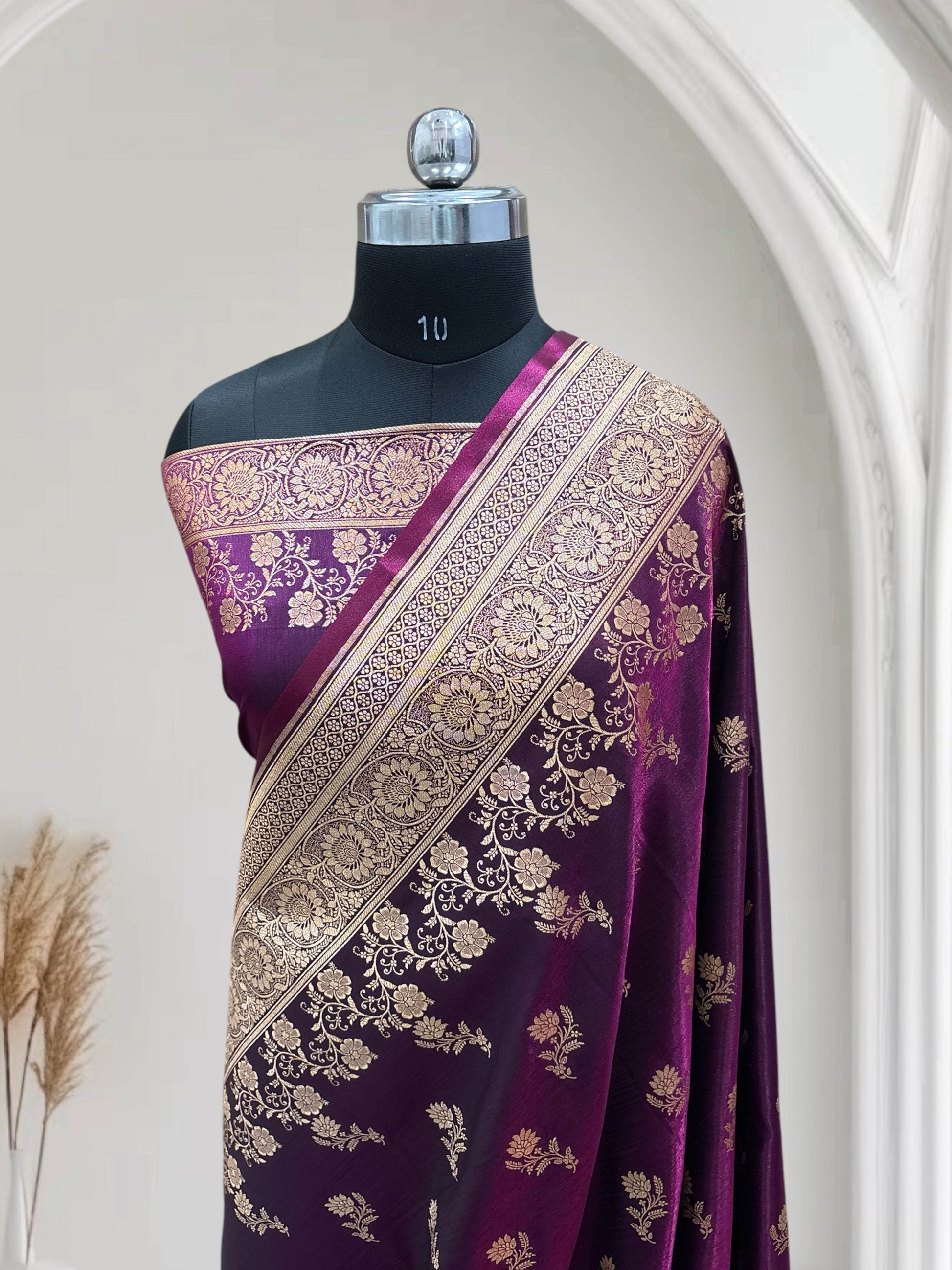 Magenta with Golden Zari Work and Rose Buti Design Satin Silk Banarasi Saree - Zohra Silk