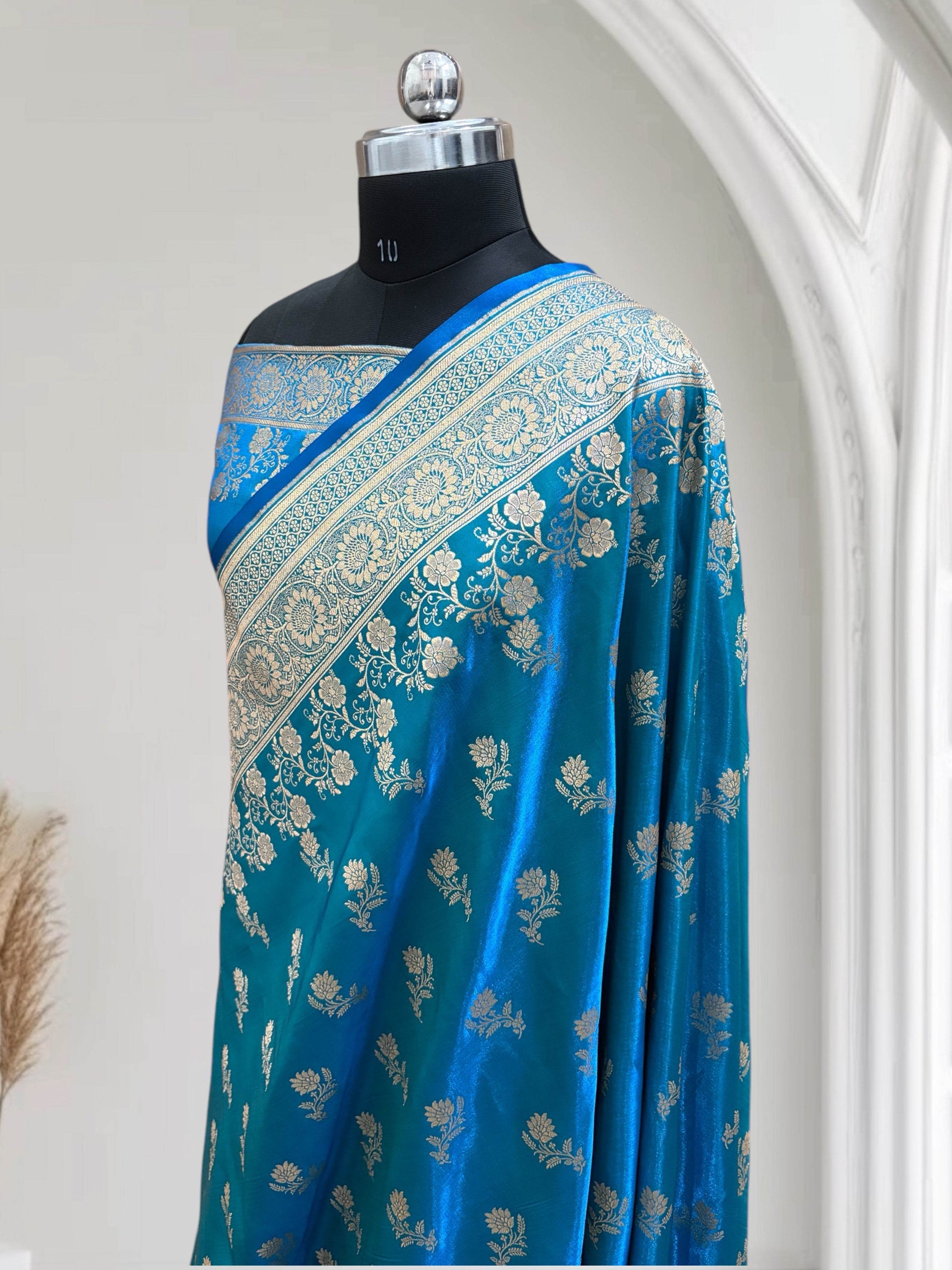 Firoza with Golden Zari Work and Rose Buti Design Satin Silk Banarasi Saree - Zohra Silk
