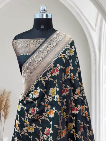 Dark Green Pure Kataan Silk Banarasi Saree with Floral Meena Jaal - Zohra Silk