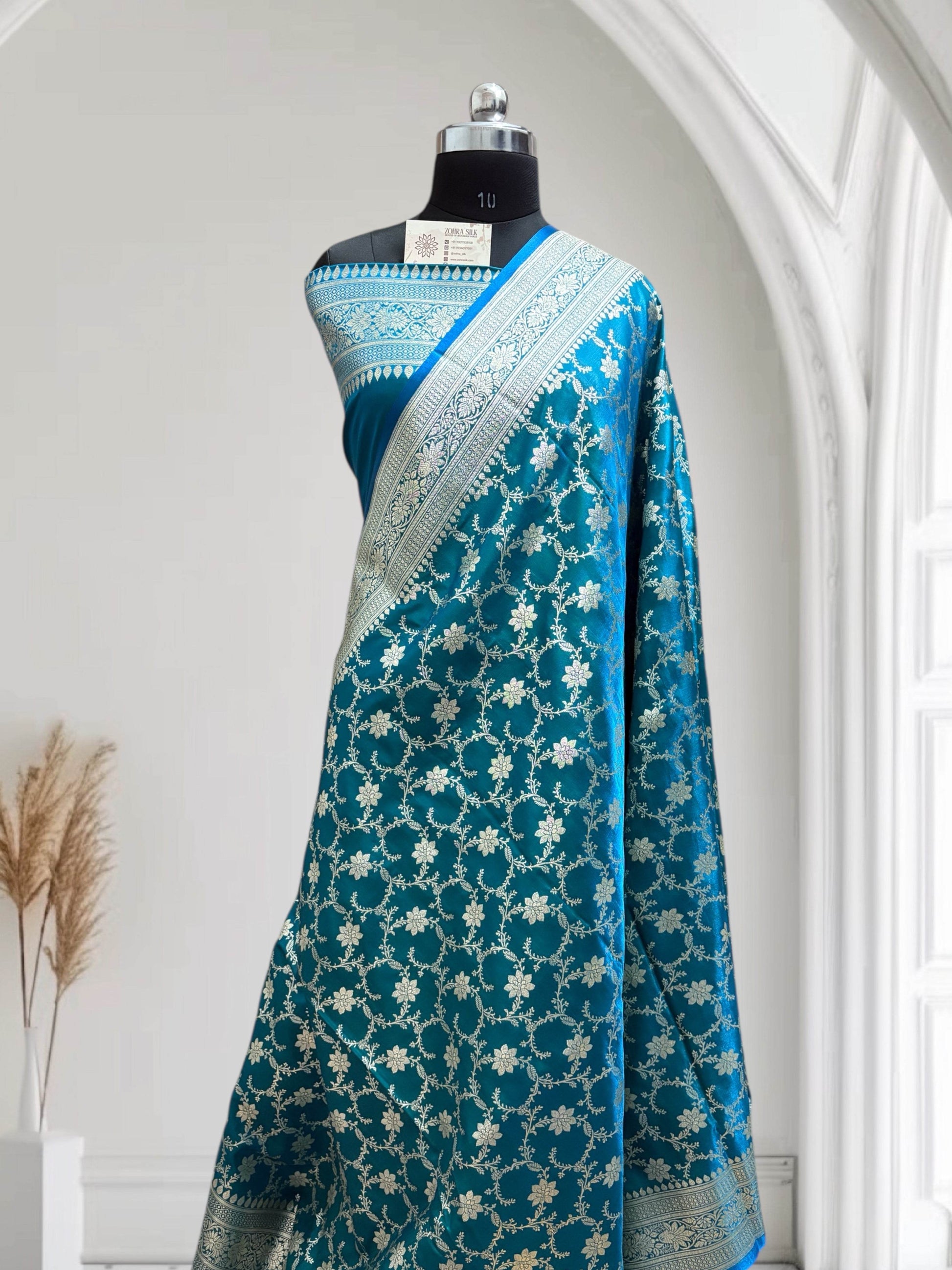 Satin Silk Banarasi Saree in Firoza - Zohra Silk