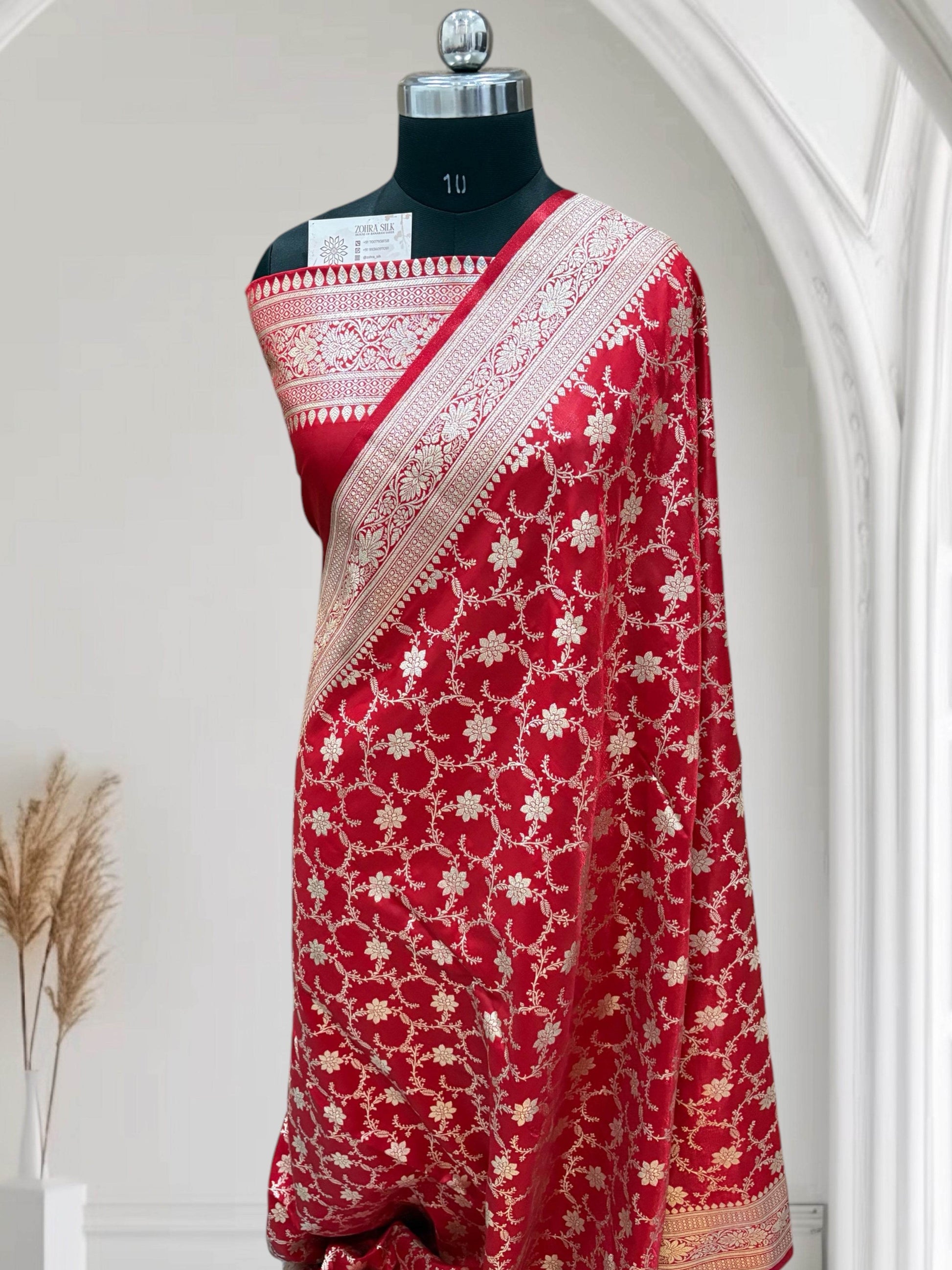Red Jaal Pttern Satin Silk Saree - Zohra Silk