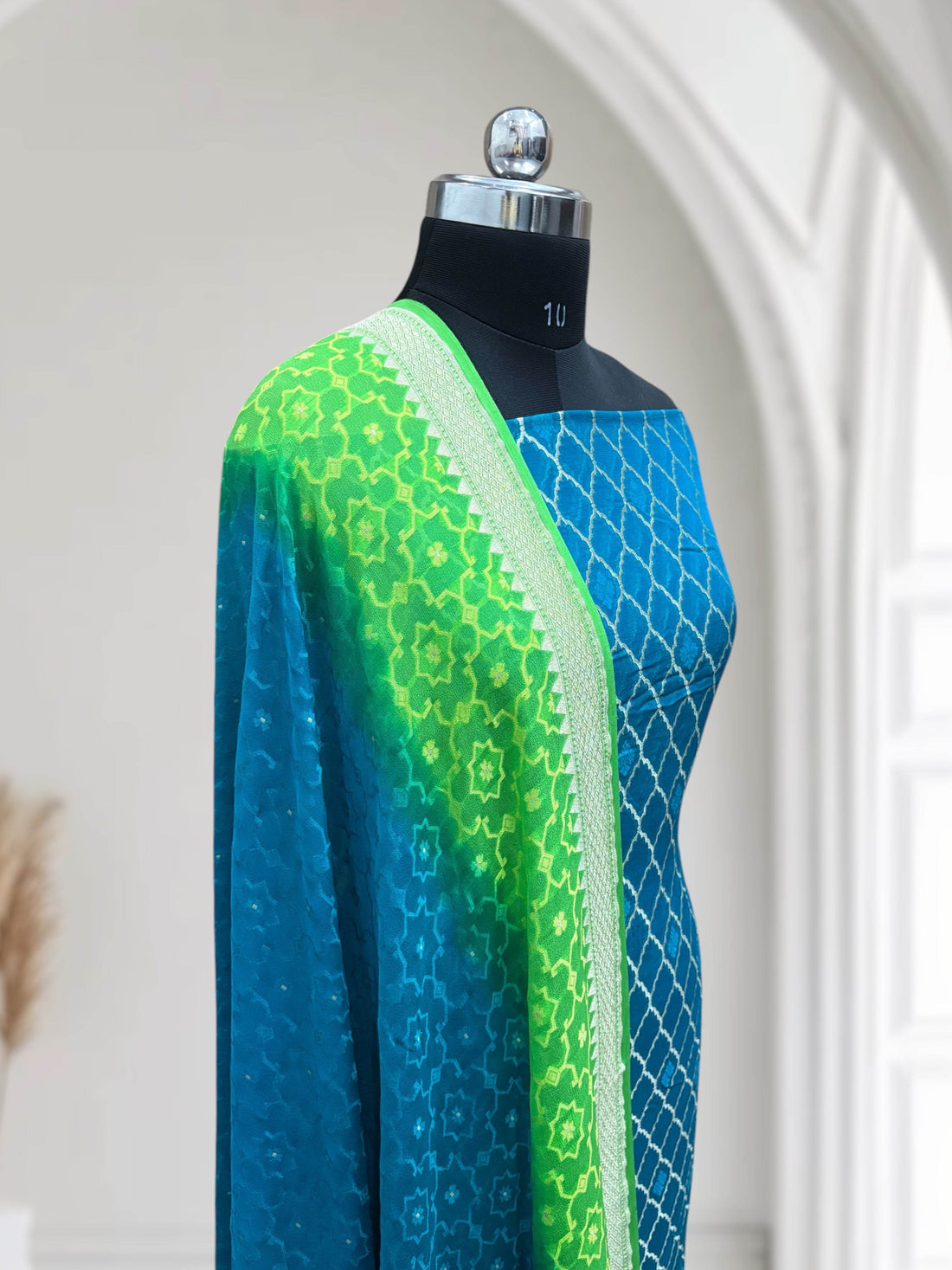 Firoza & Lime Green Pure Chiffon Georgette Banarasi Suit - Zohra Silk