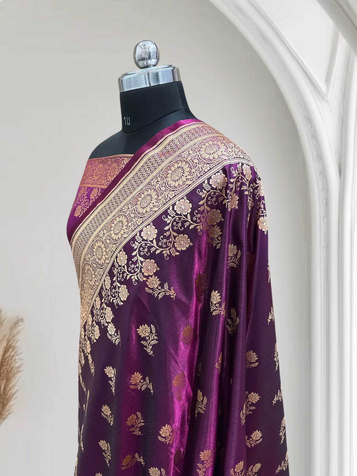Magenta with Golden Zari Work and Rose Buti Design Satin Silk Banarasi Saree - Zohra Silk