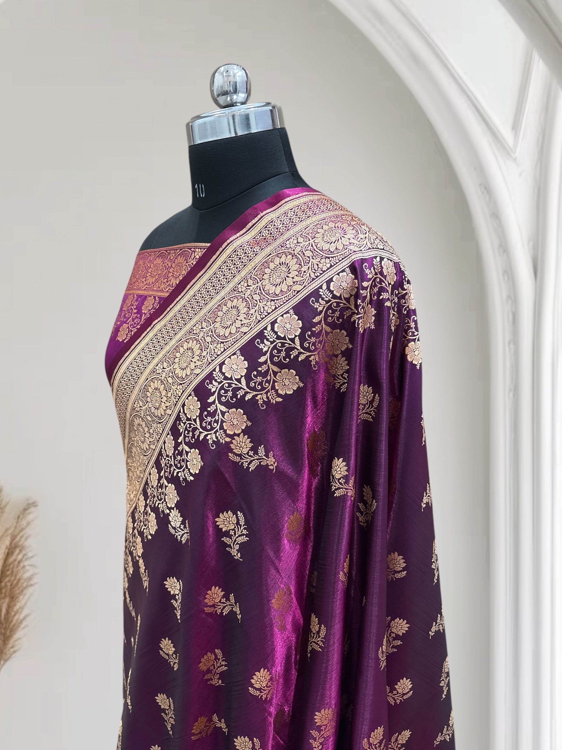 Magenta with Golden Zari Work and Rose Buti Design Satin Silk Banarasi Saree - Zohra Silk