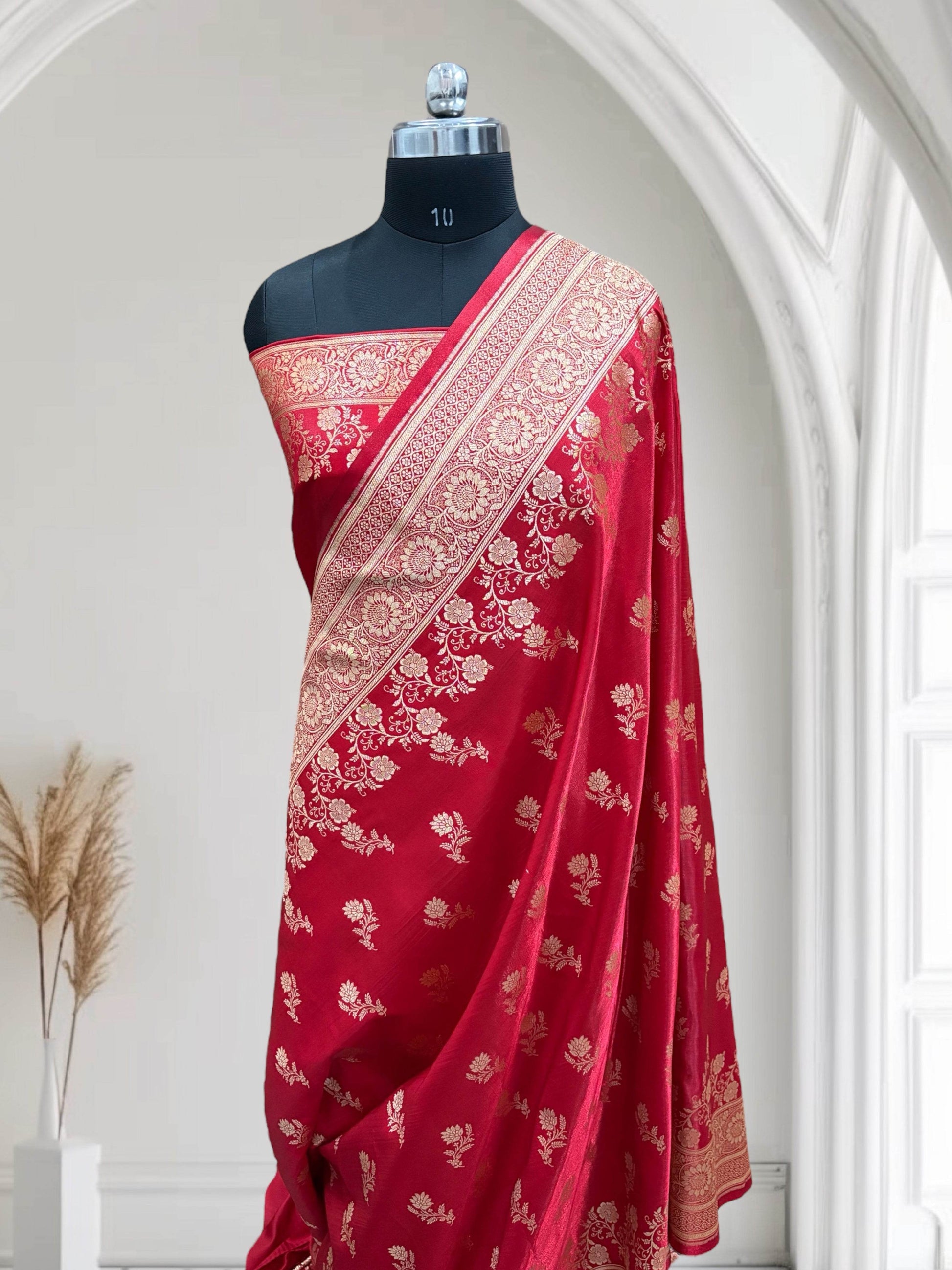 Red with Golden Zari Work and Rose Buti Design Satin Silk Banarasi Saree - Zohra Silk