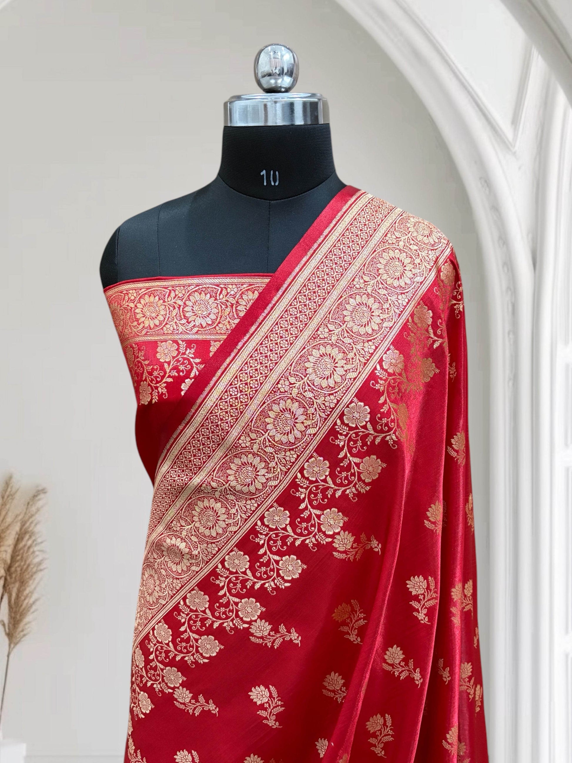 Red with Golden Zari Work and Rose Buti Design Satin Silk Banarasi Saree - Zohra Silk