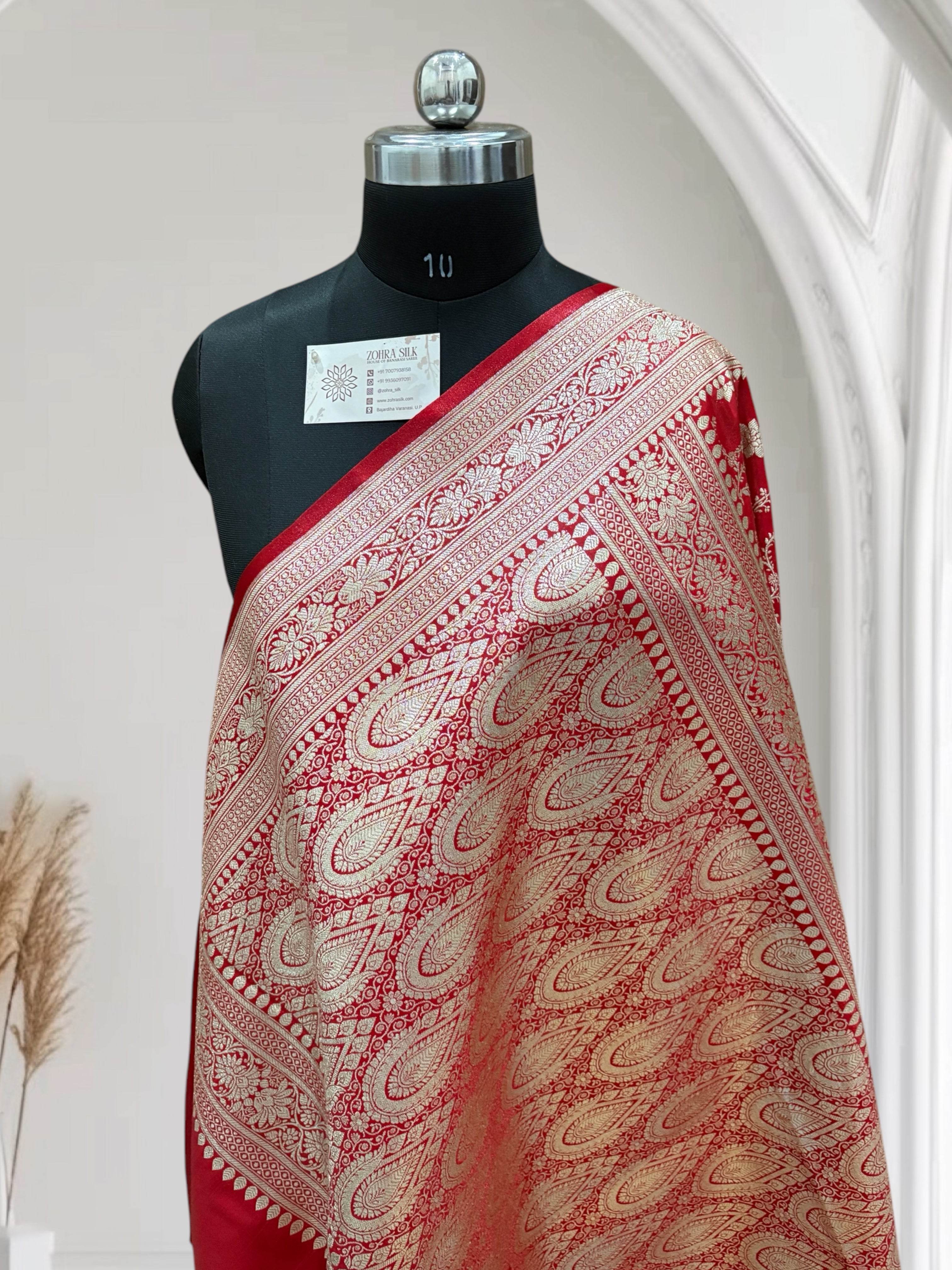 Red Jaal Pttern Satin Silk Saree - Zohra Silk