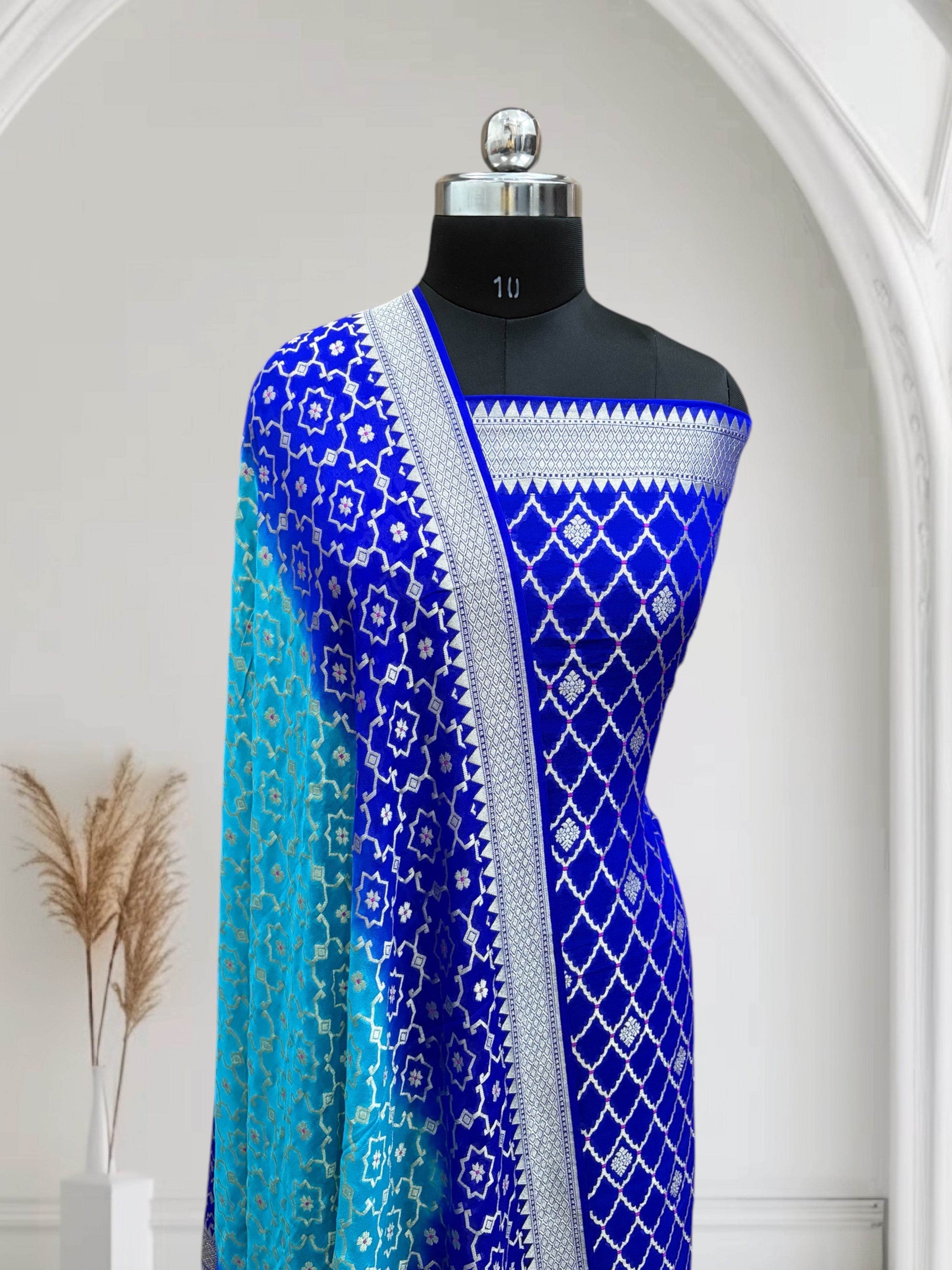 Blue & Blue-Green Pure Chiffon Georgette Banarasi Suit - Zohra Silk