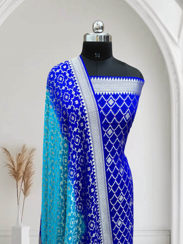 Blue & Blue-Green Pure Chiffon Georgette Banarasi Suit - Zohra Silk