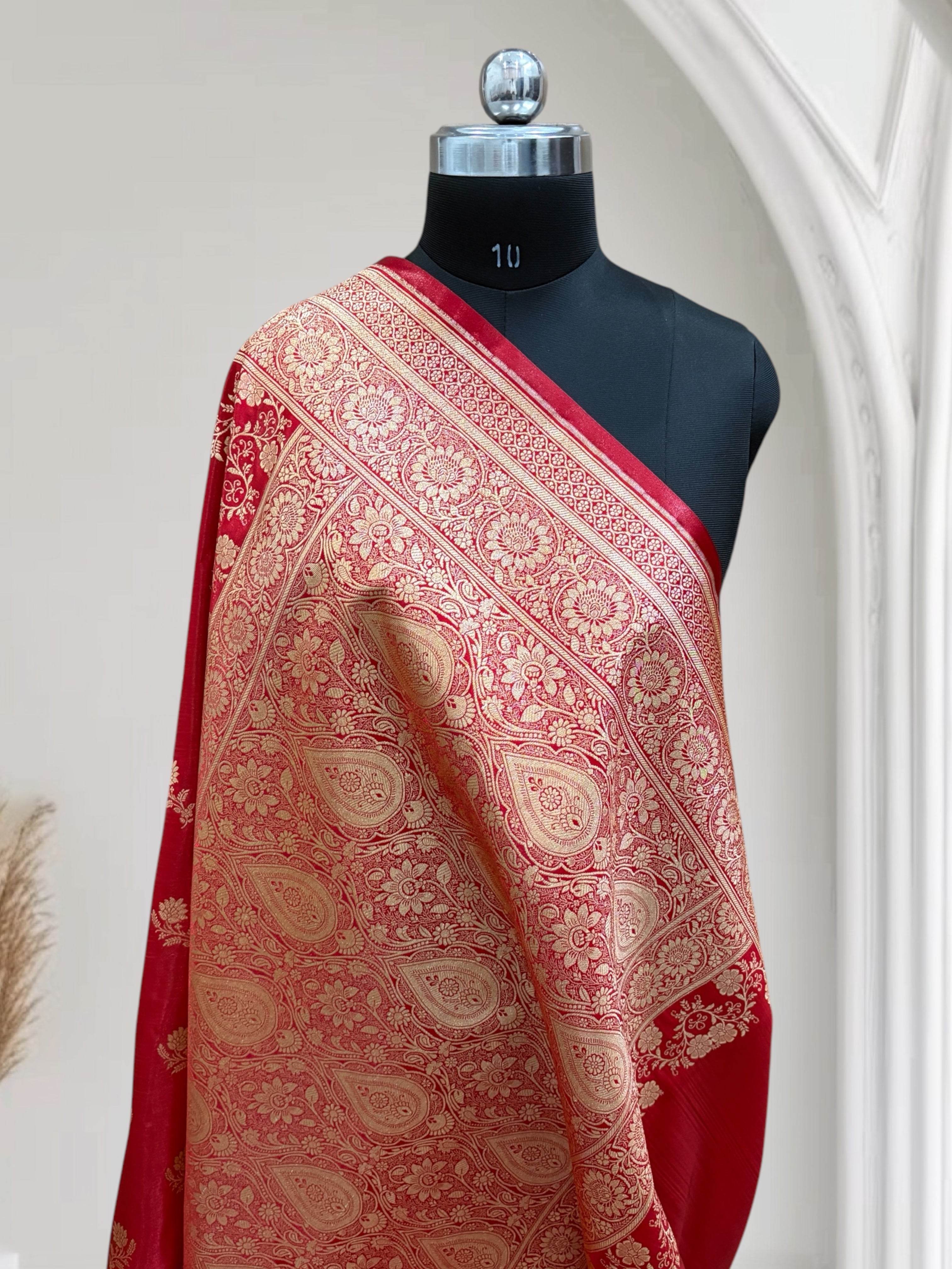 Red with Golden Zari Work and Rose Buti Design Satin Silk Banarasi Saree - Zohra Silk