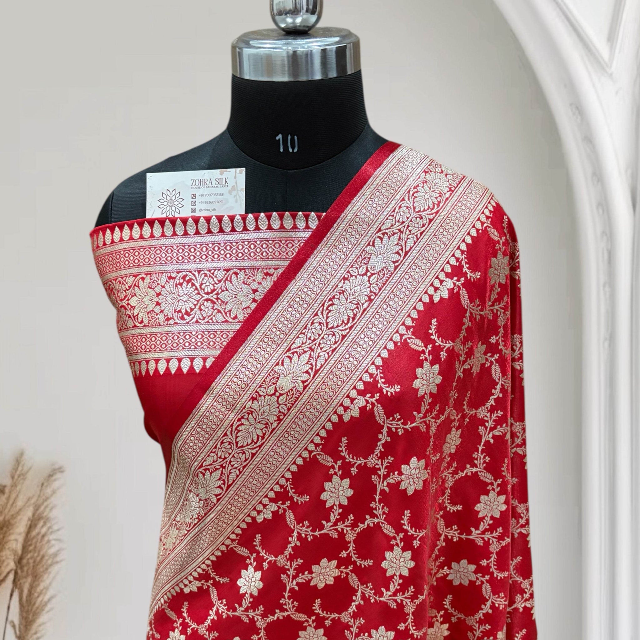 Satin Silk Banarasi Saree in Red - Zohra Silk