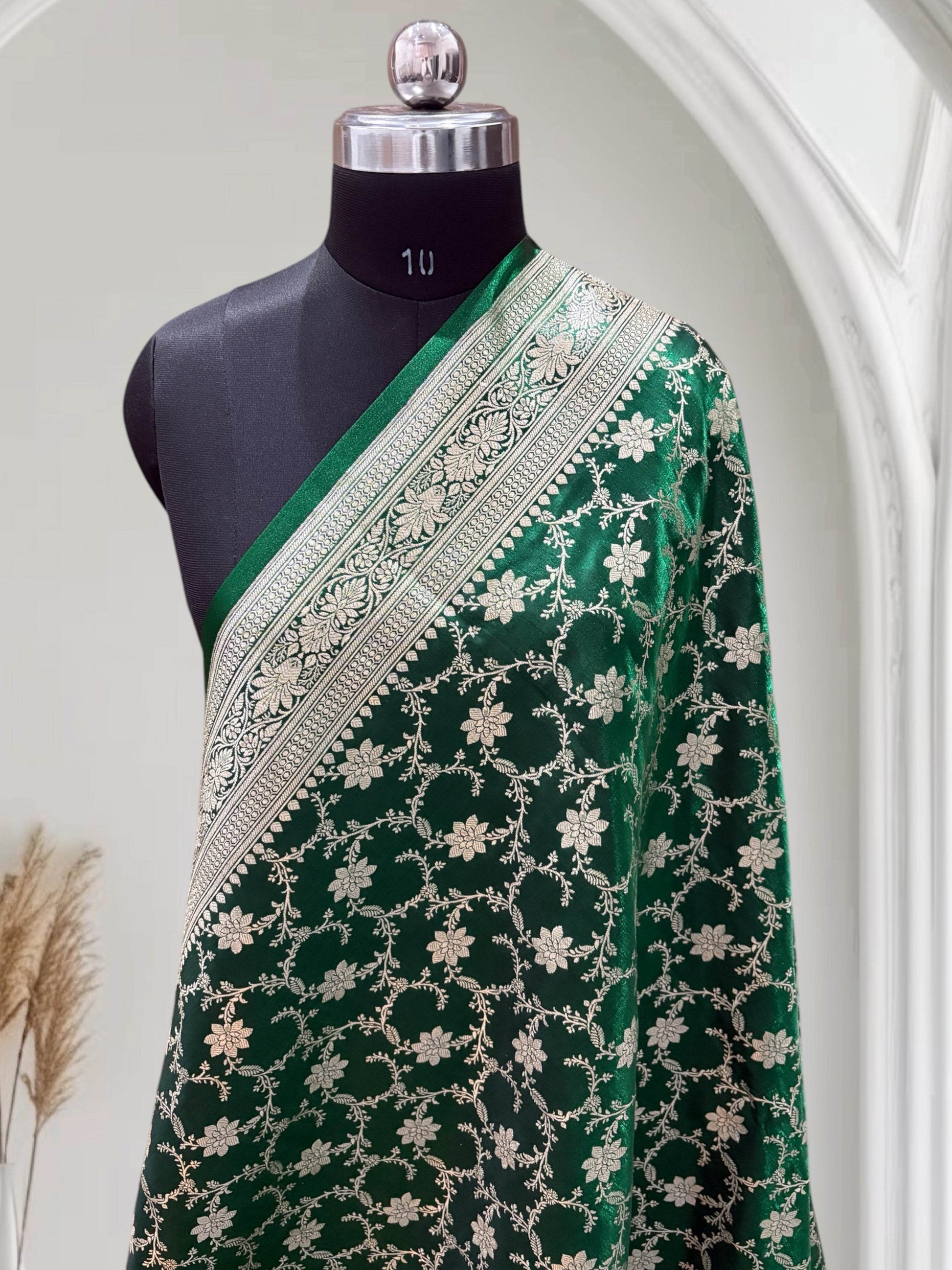 Dark Green With Shaded Jaal Pattern Satin Silk Saree - Zohra Silk