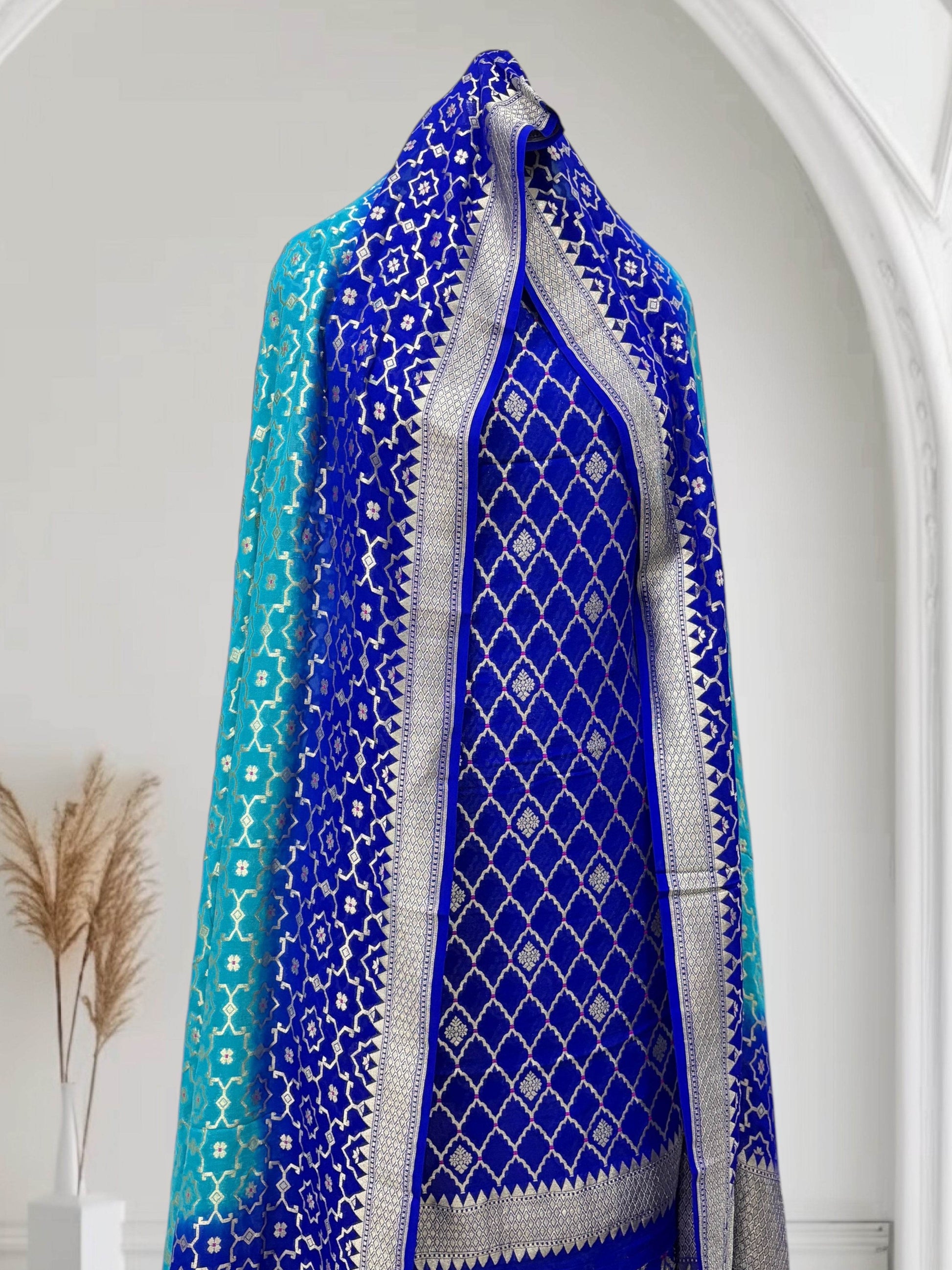 Blue & Blue-Green Pure Chiffon Georgette Banarasi Suit - Zohra Silk