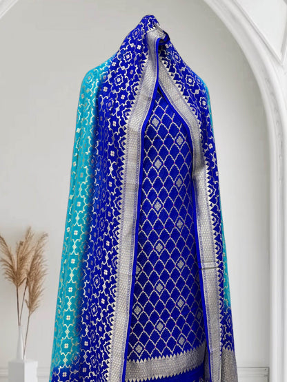 Blue & Blue-Green Pure Chiffon Georgette Banarasi Suit - Zohra Silk