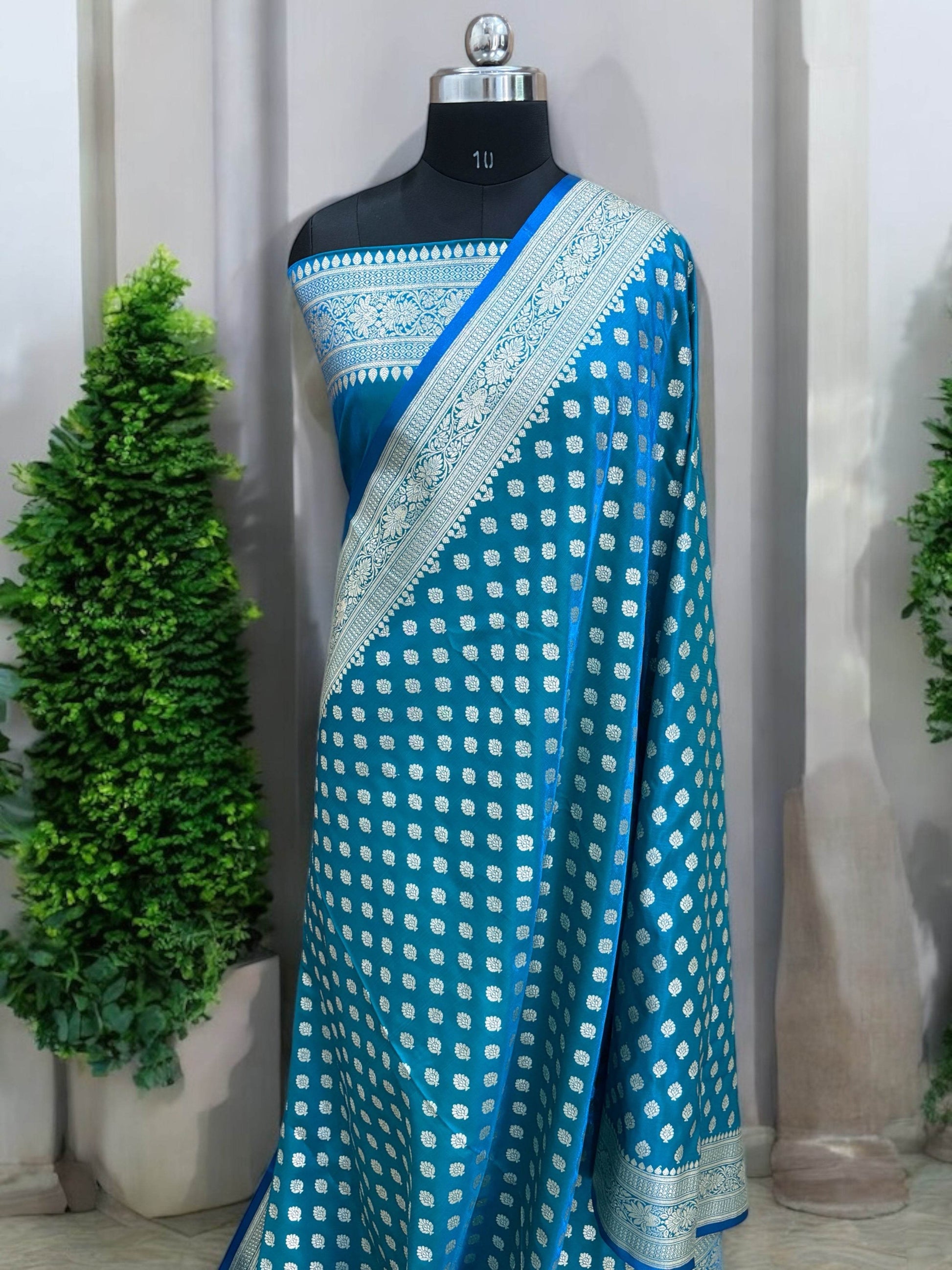 Blue-Green Buti Satin Silk Saree - Zohra Silk