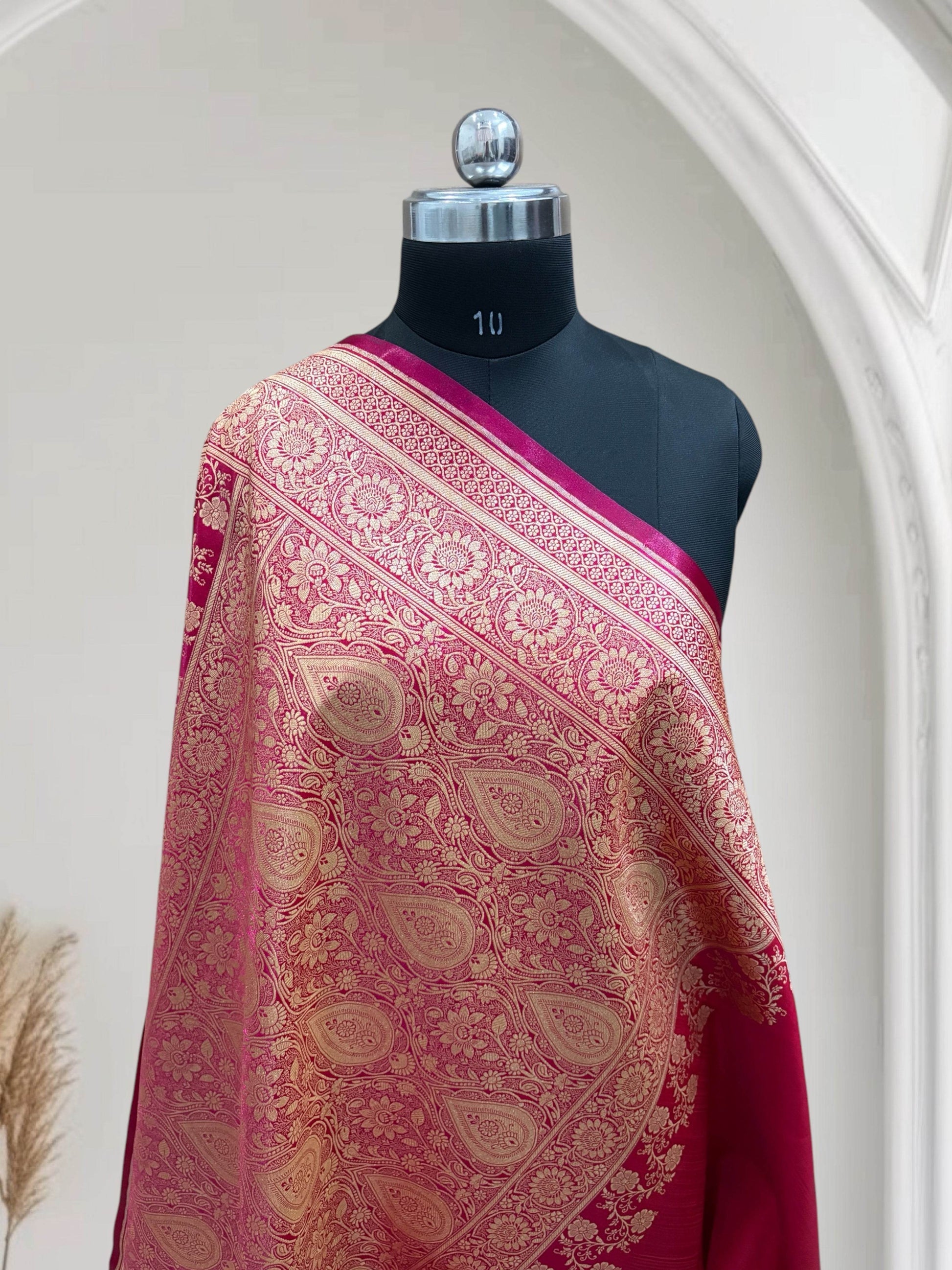 Rani with Red Shaded Zari Work and Rose Buti Design Satin Silk Banarasi Saree - Zohra Silk