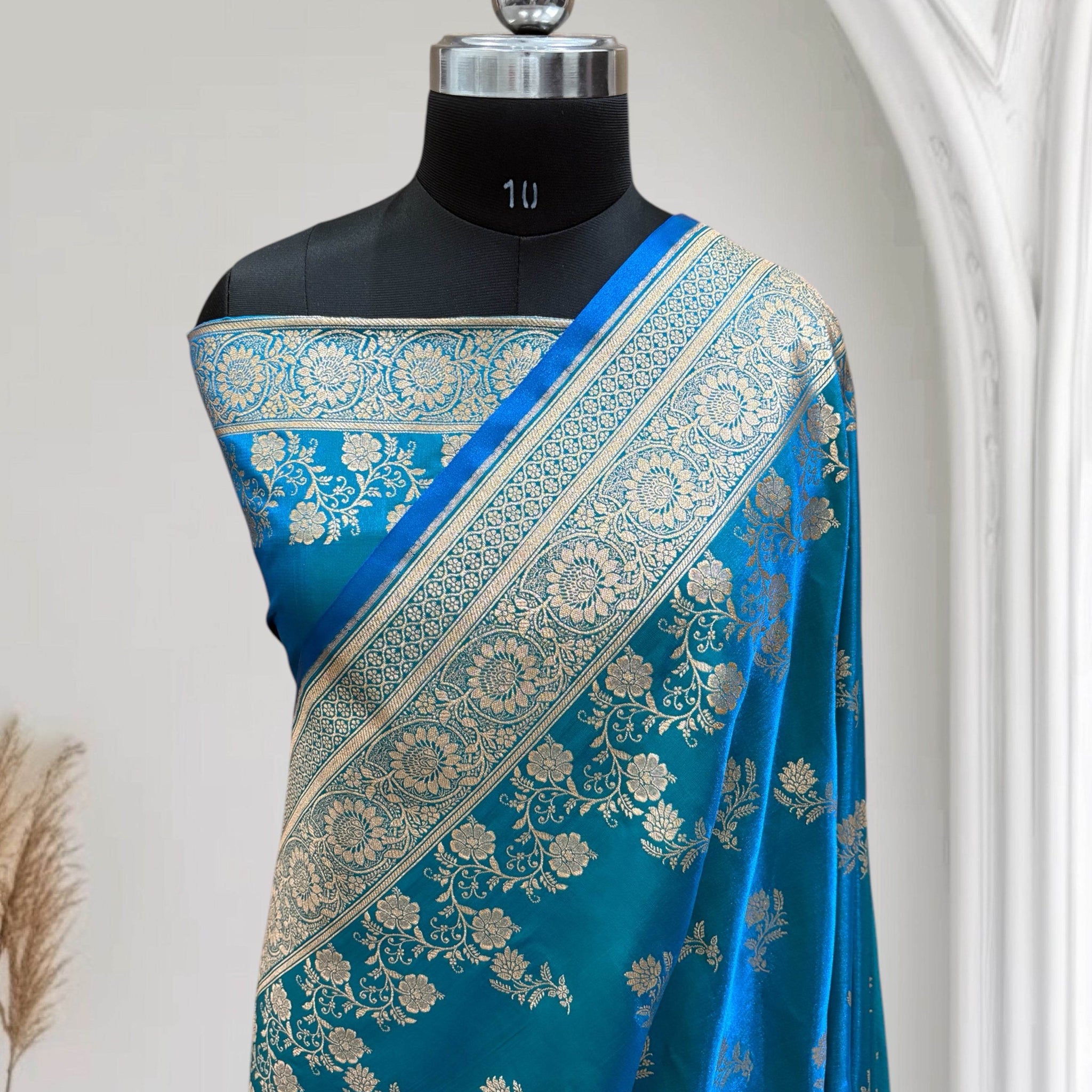 Firoza with Golden Zari Work and Rose Buti Design Satin Silk Banarasi Saree - Zohra Silk